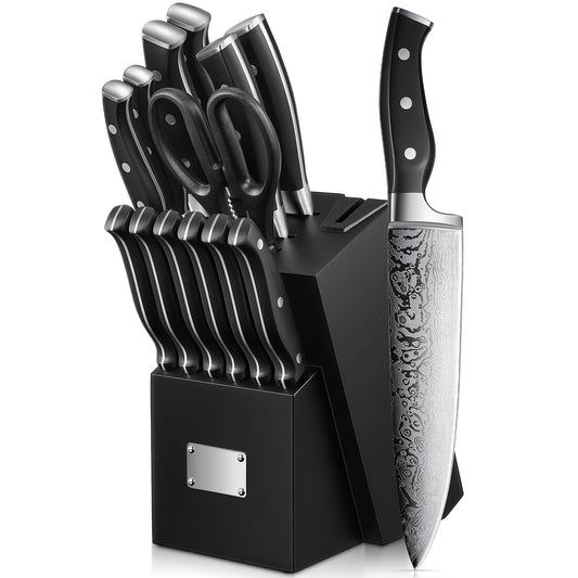 Knife Set, 14 Pieces Kitchen Knife Set with Built-in Sharpener, Stainless Steel Knives Block Set with Unique Waved Pattern, Non-slip Handle, Black