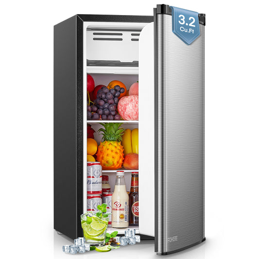 3.2 Cu.ft Mini Fridge with Freezer, Small Compact Fridge for Bedroom , Stainless Steel