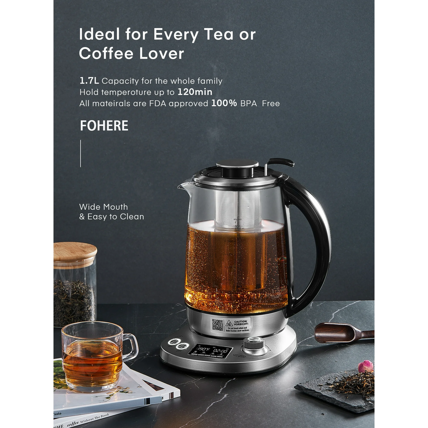 Electric Kettle with Variable Temperature Control - FOHERE Smart Glass Tea Kettle with 9 Presets - LCD Display - 2Hr Keep Warm - Removable Tea Infuser