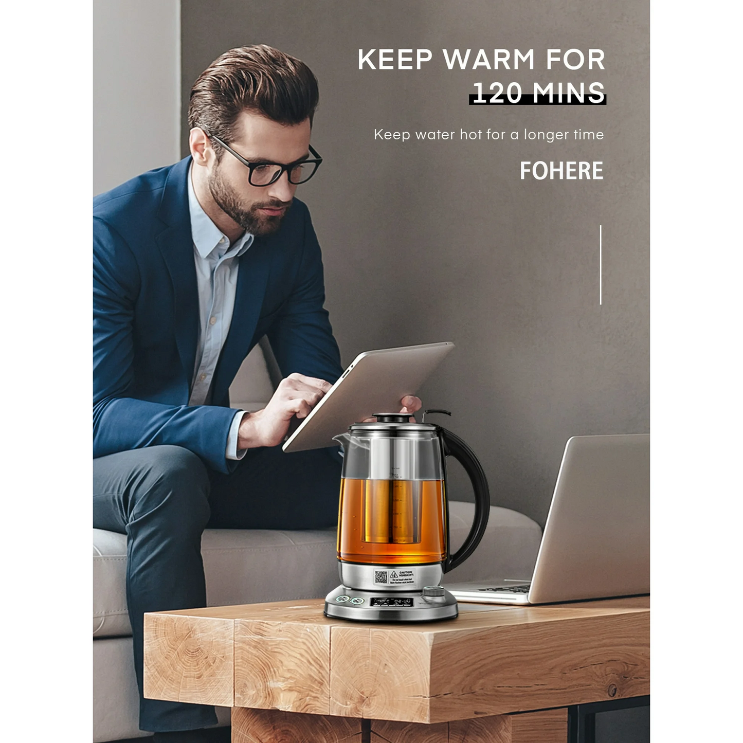 Electric Kettle with Variable Temperature Control - FOHERE Smart Glass Tea Kettle with 9 Presets - LCD Display - 2Hr Keep Warm - Removable Tea Infuser