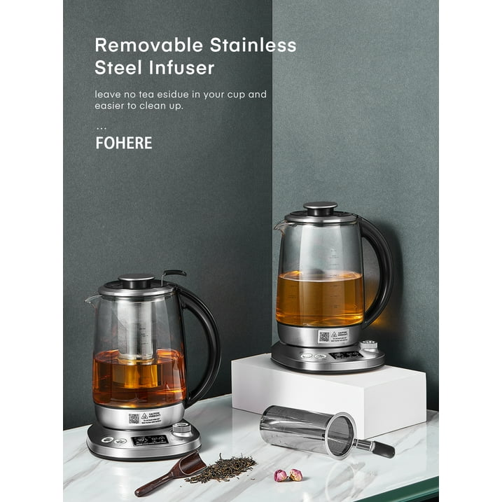 Electric Kettle with Variable Temperature Control - FOHERE Smart Glass Tea Kettle with 9 Presets - LCD Display - 2Hr Keep Warm - Removable Tea Infuser