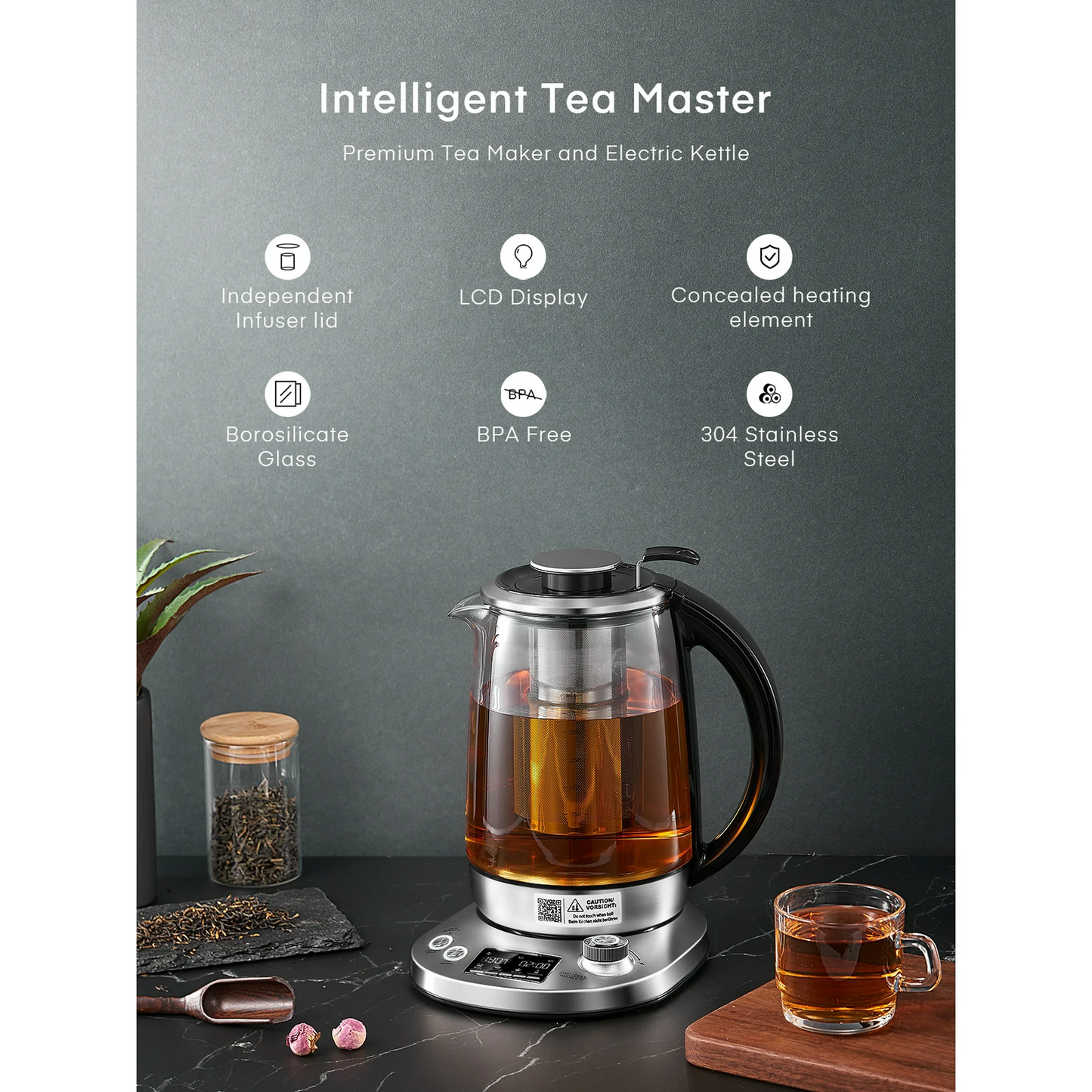 Electric Kettle with Variable Temperature Control - FOHERE Smart Glass Tea Kettle with 9 Presets - LCD Display - 2Hr Keep Warm - Removable Tea Infuser