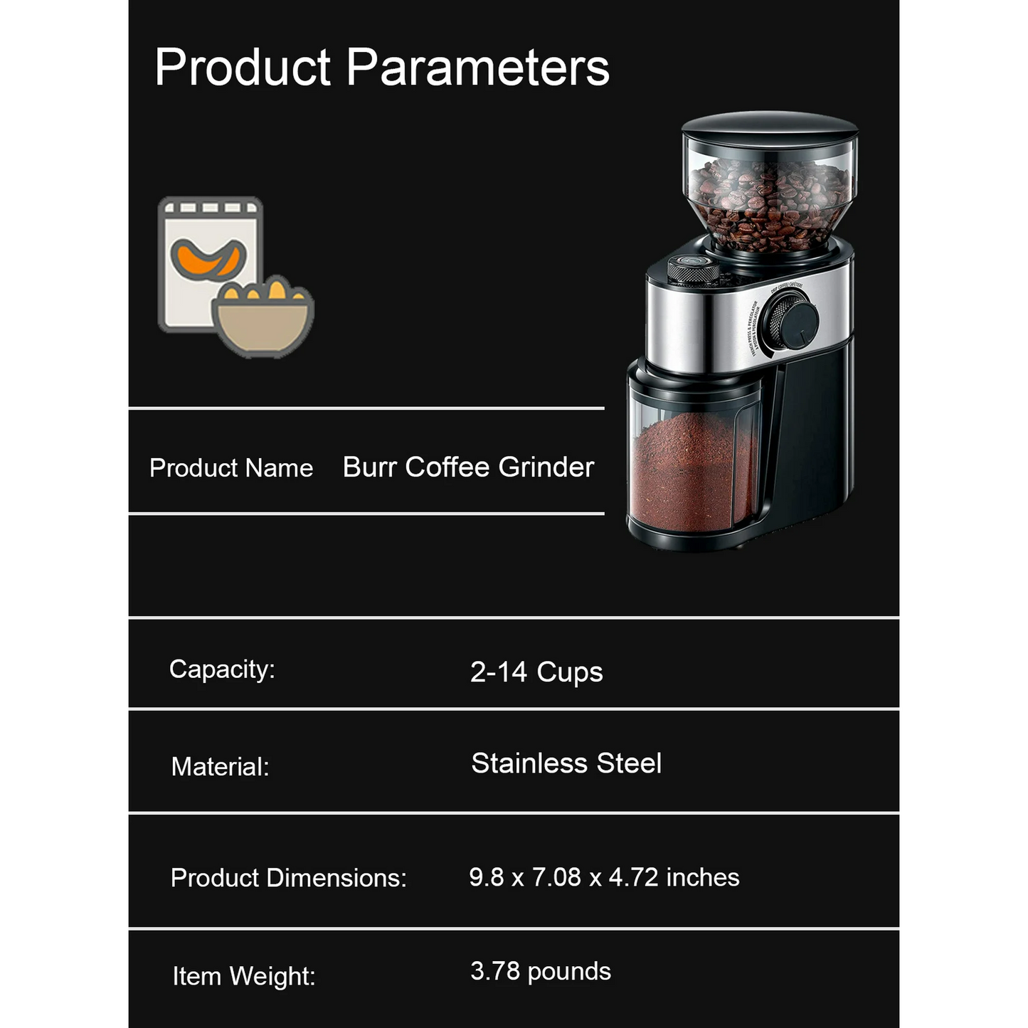 Electric Burr Mill Coffee Grinder with 18 Precise Grind Settings for Espresso, Drip and French Press - Adjustable Burr Grinder in Black