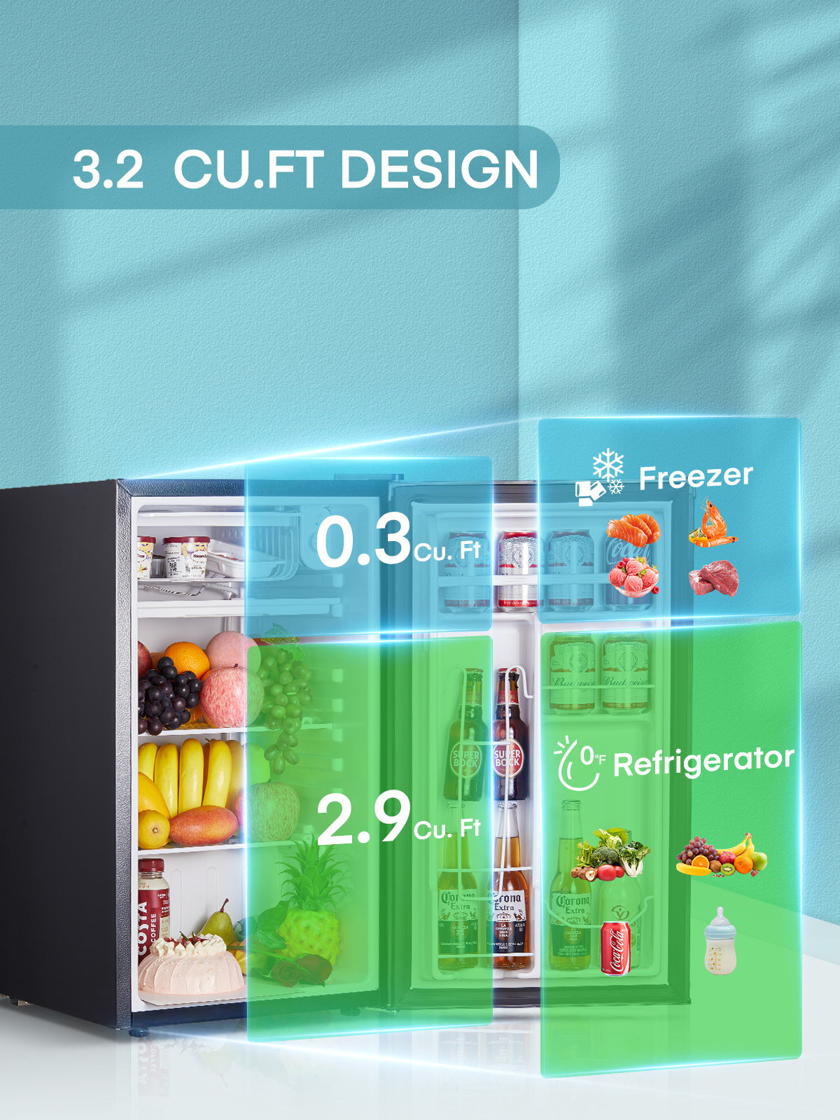 3.2 Cu.ft Mini Fridge with Freezer, Small Compact Fridge for Bedroom , Stainless Steel