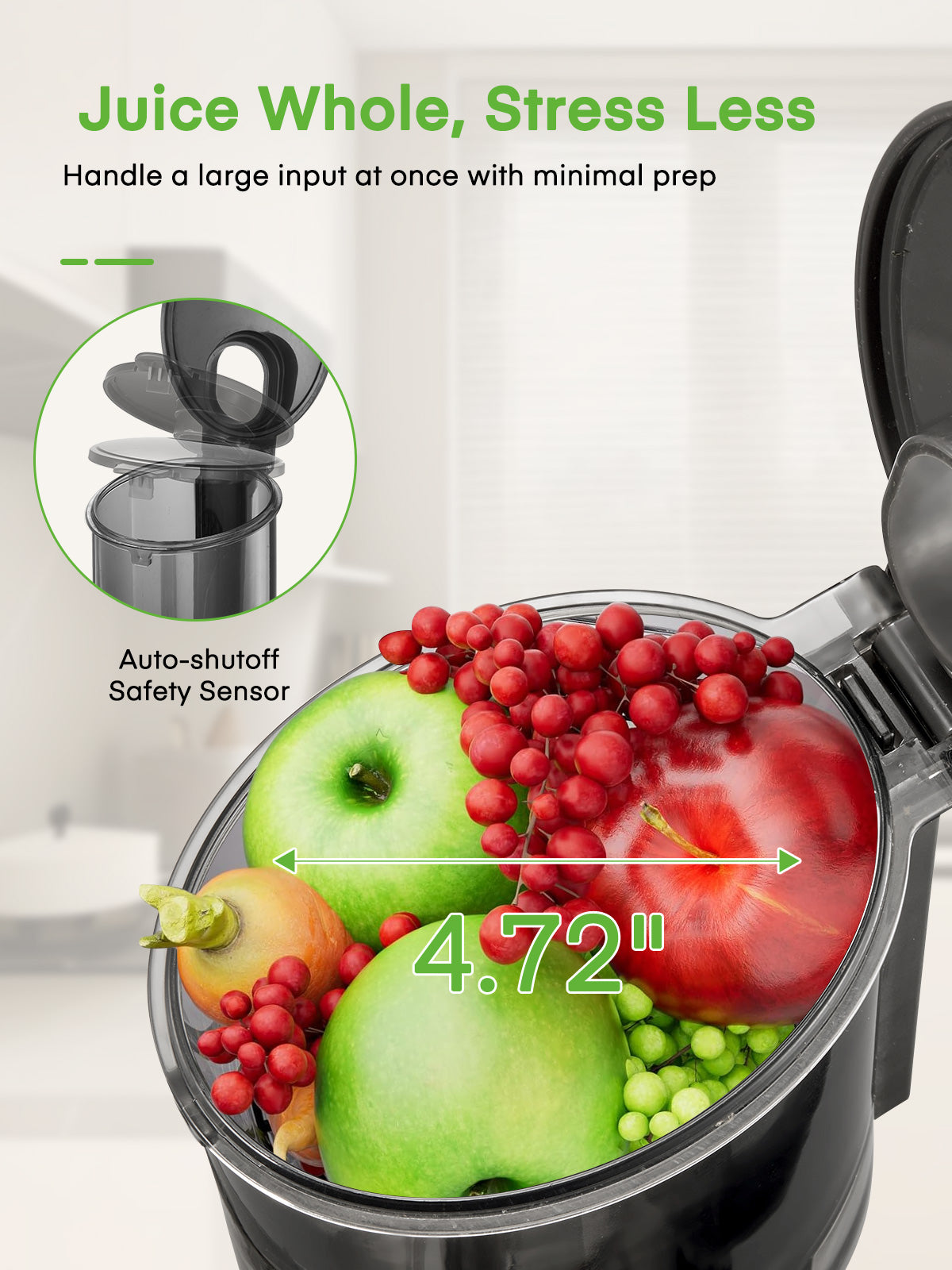 Cold Press Juicer with 5.3 Inches Feed Chute, Easy to Clean with Reverse Function