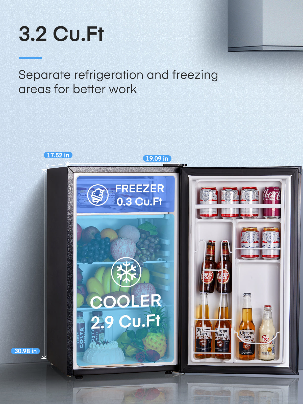 3.2 Cu.ft Single Door Mini Fridge for Drinks, Partitioned Storage, 7 Level Temp Control, Black