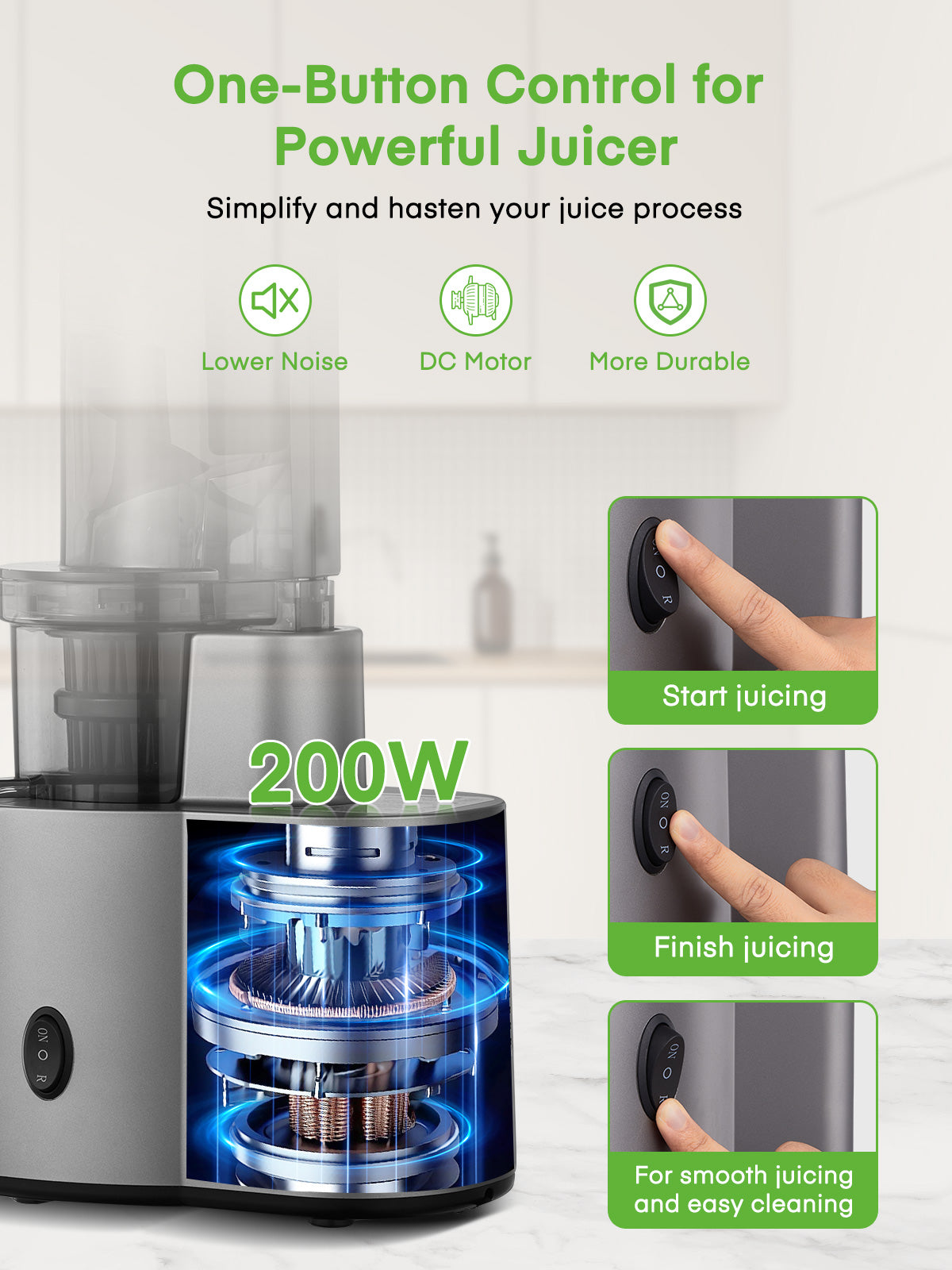 Cold Press Juicer with 5.3 Inches Feed Chute, Easy to Clean with Reverse Function