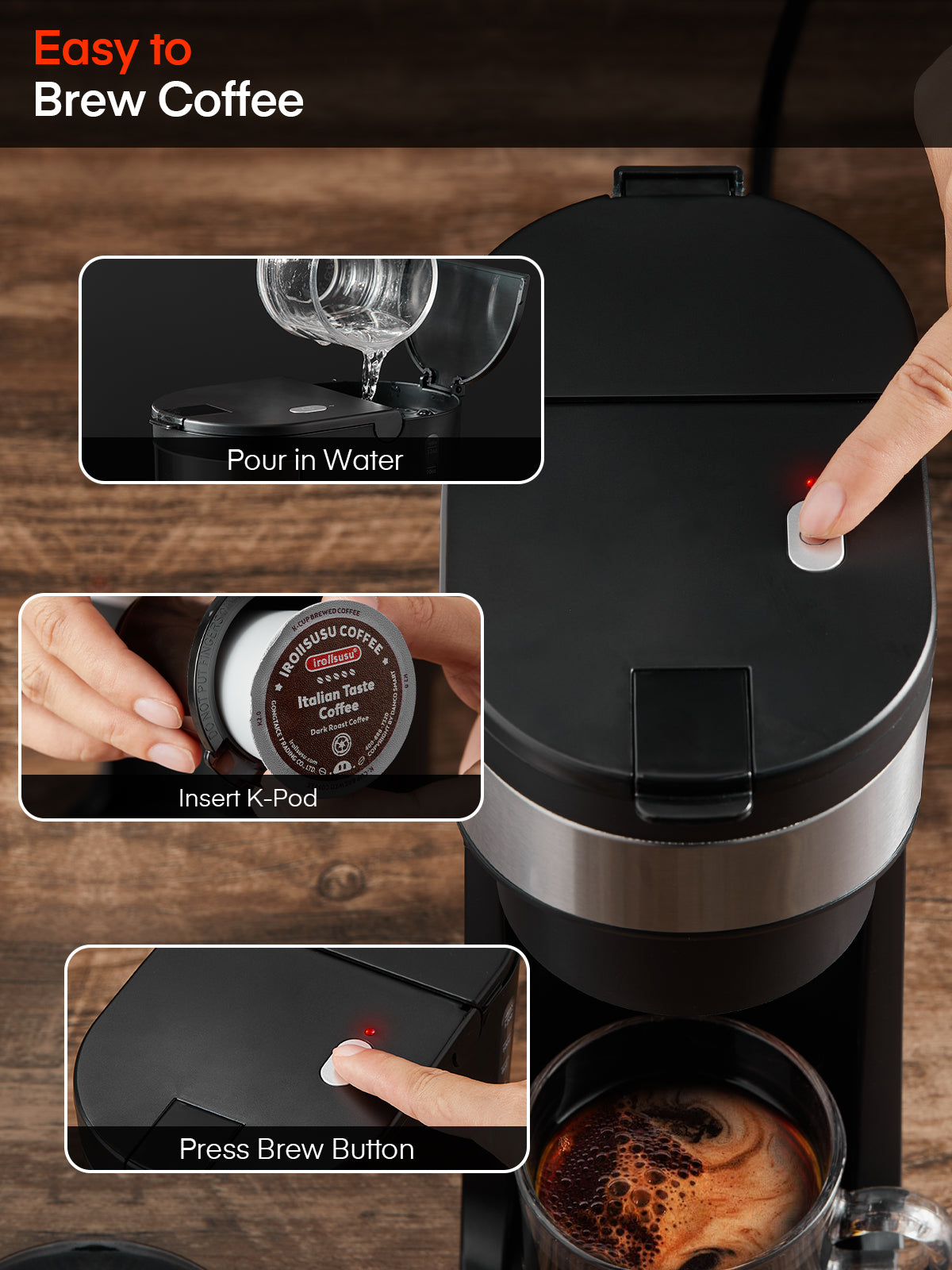 Coffee Maker, Single Serve Iced and Hot Coffee Brewer Compatible with K Pod, 1000w, 4 Brewing Sizes
