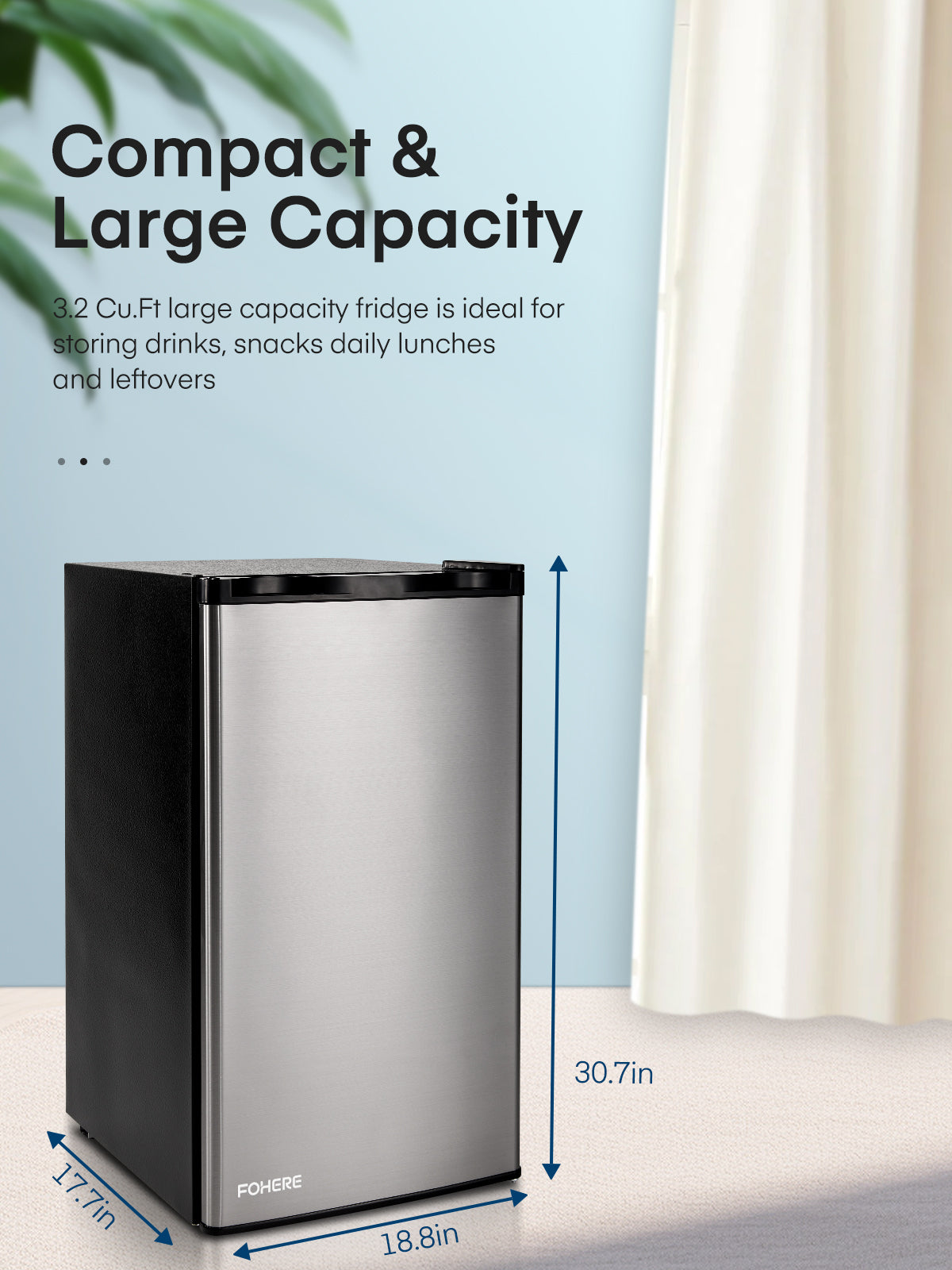 3.2 Cu.ft Mini Refrigerator with 7 Temp Control, Compact Fridge with Freezer, Low Noise, Stainless Steel