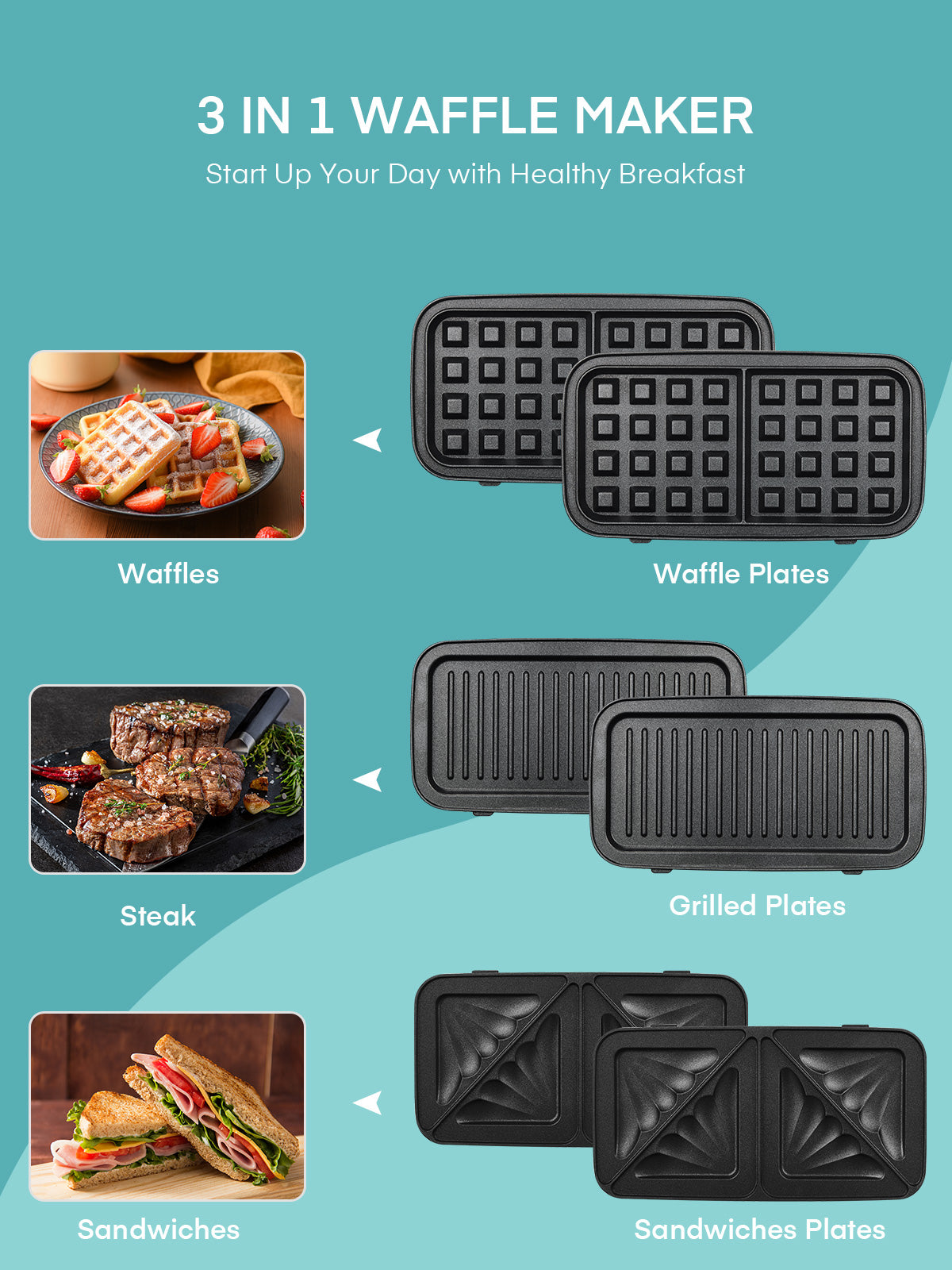 Waffle Maker 3 in 1 Sandwich Maker 1200W Panini Press With Removable Plates and 5-gear Temperature Control