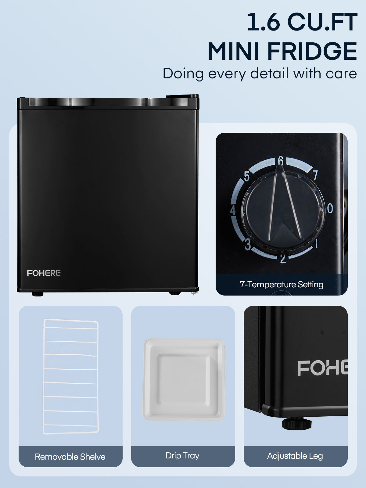 1.6 Cu.ft Single Door Mini Fridge for Drinks, Partitioned Storage, 7 Level Temp Control, Black