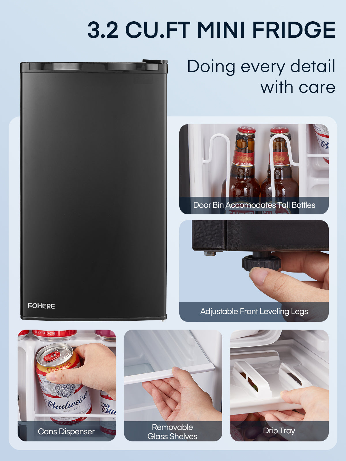 3.2 Cu.ft Single Door Mini Fridge for Drinks, Partitioned Storage, 7 Level Temp Control, Black