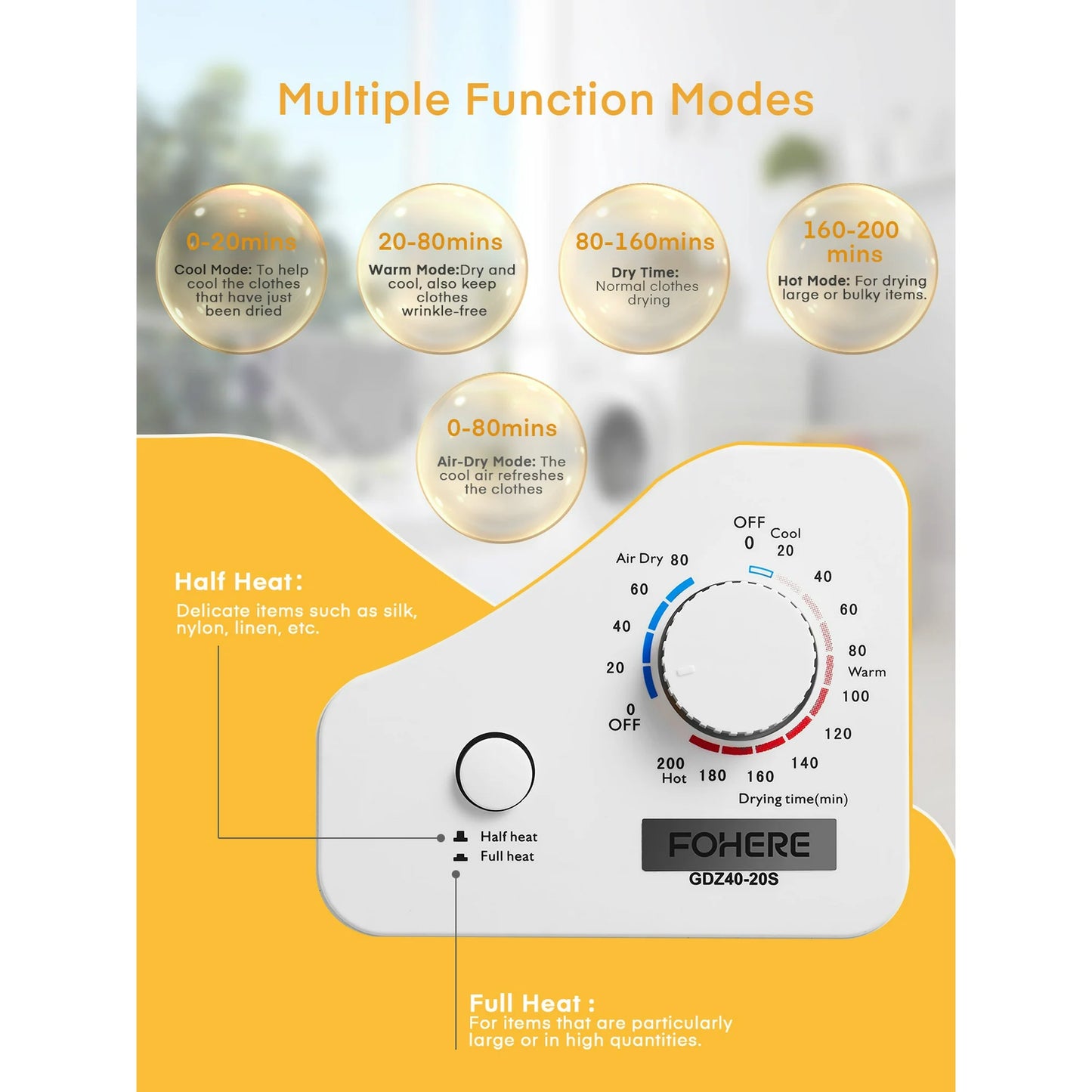 FOHERE 2.9 cu. ft Compact Electric Dryer with 5 Control Modes, for Apartments, RVs, Dorms, White