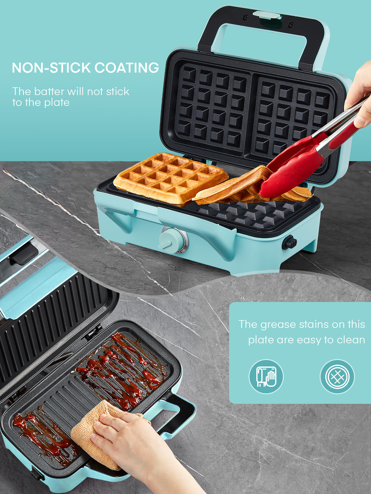 Waffle Maker 3 in 1 Sandwich Maker 1200W Panini Press With Removable Plates and 5-gear Temperature Control