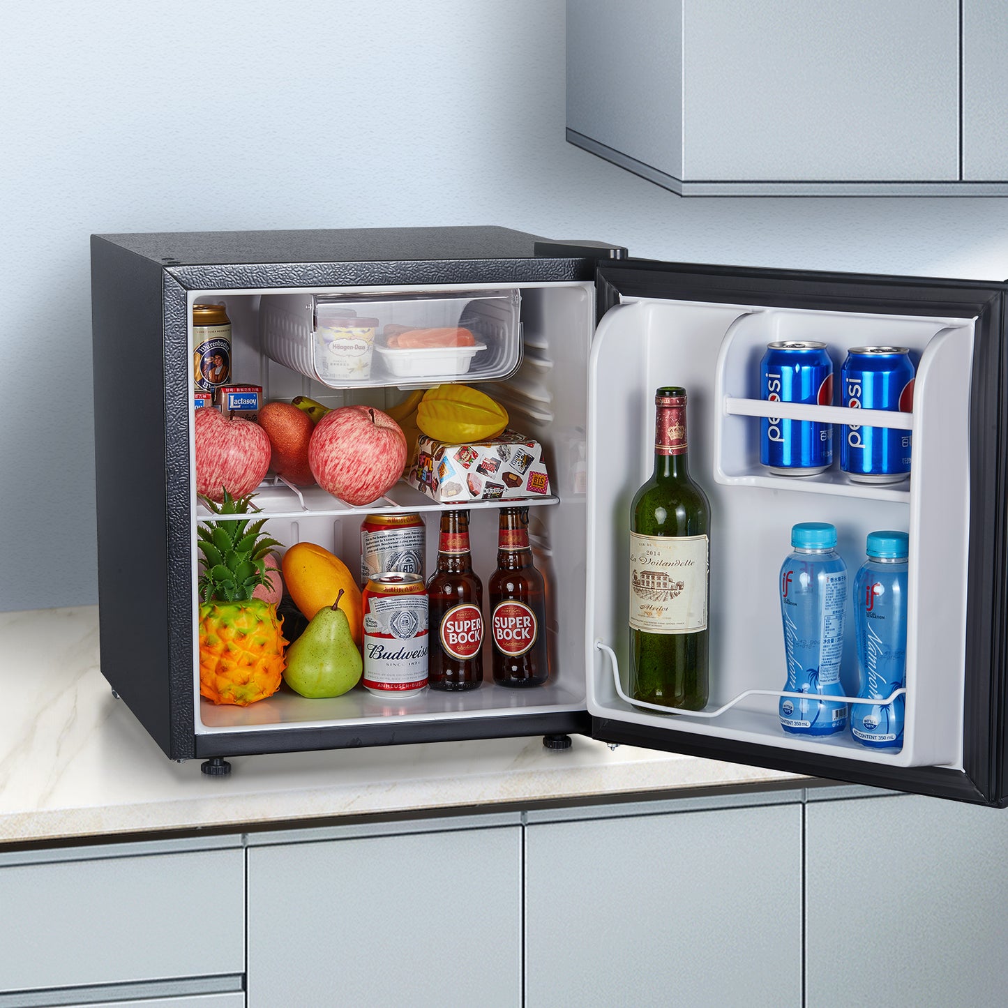 1.6 Cu.ft Single Door Mini Fridge for Drinks, Partitioned Storage, 7 Level Temp Control, Black