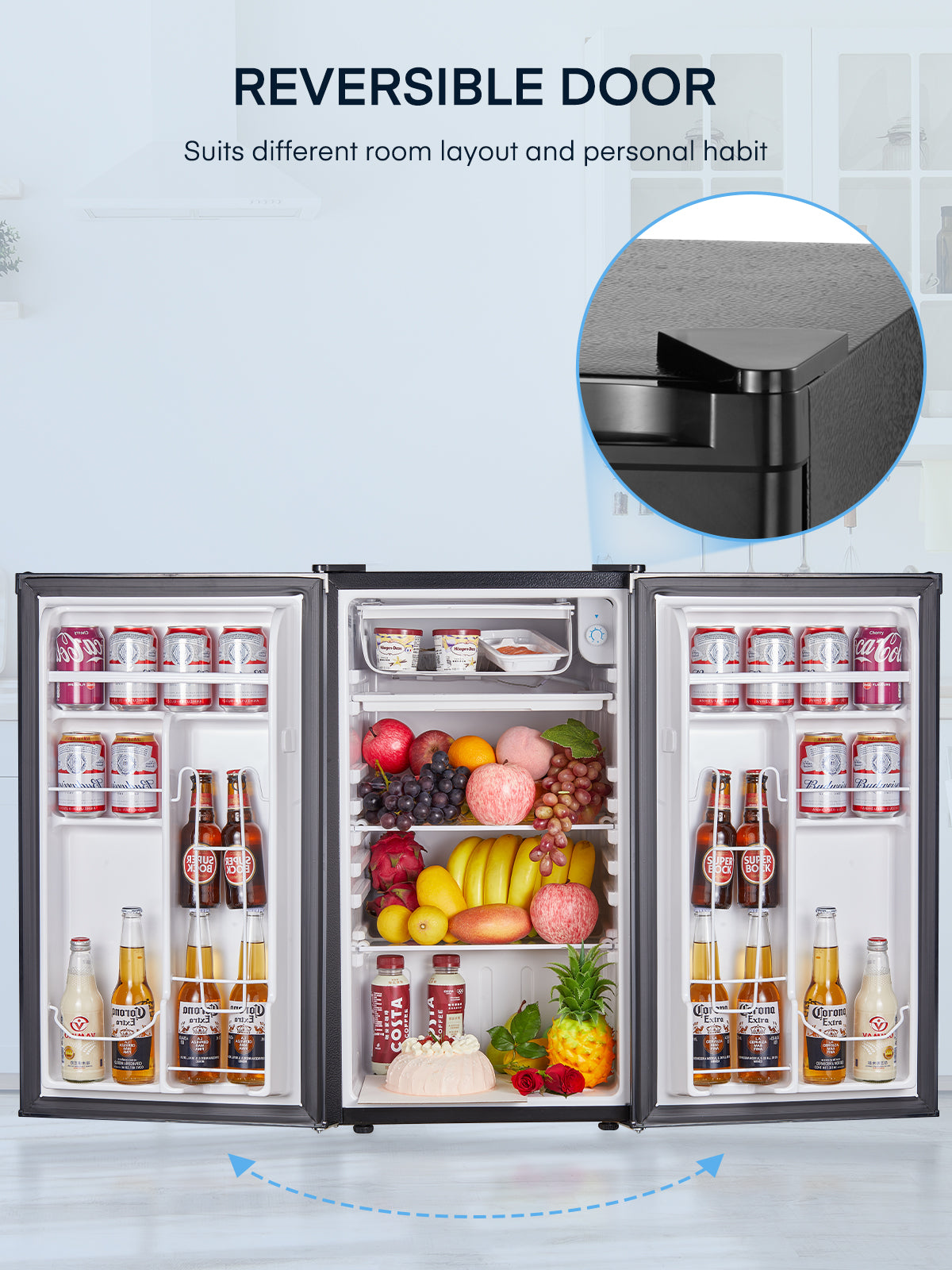 3.2 Cu.ft Single Door Mini Fridge for Drinks, Partitioned Storage, 7 Level Temp Control, Black