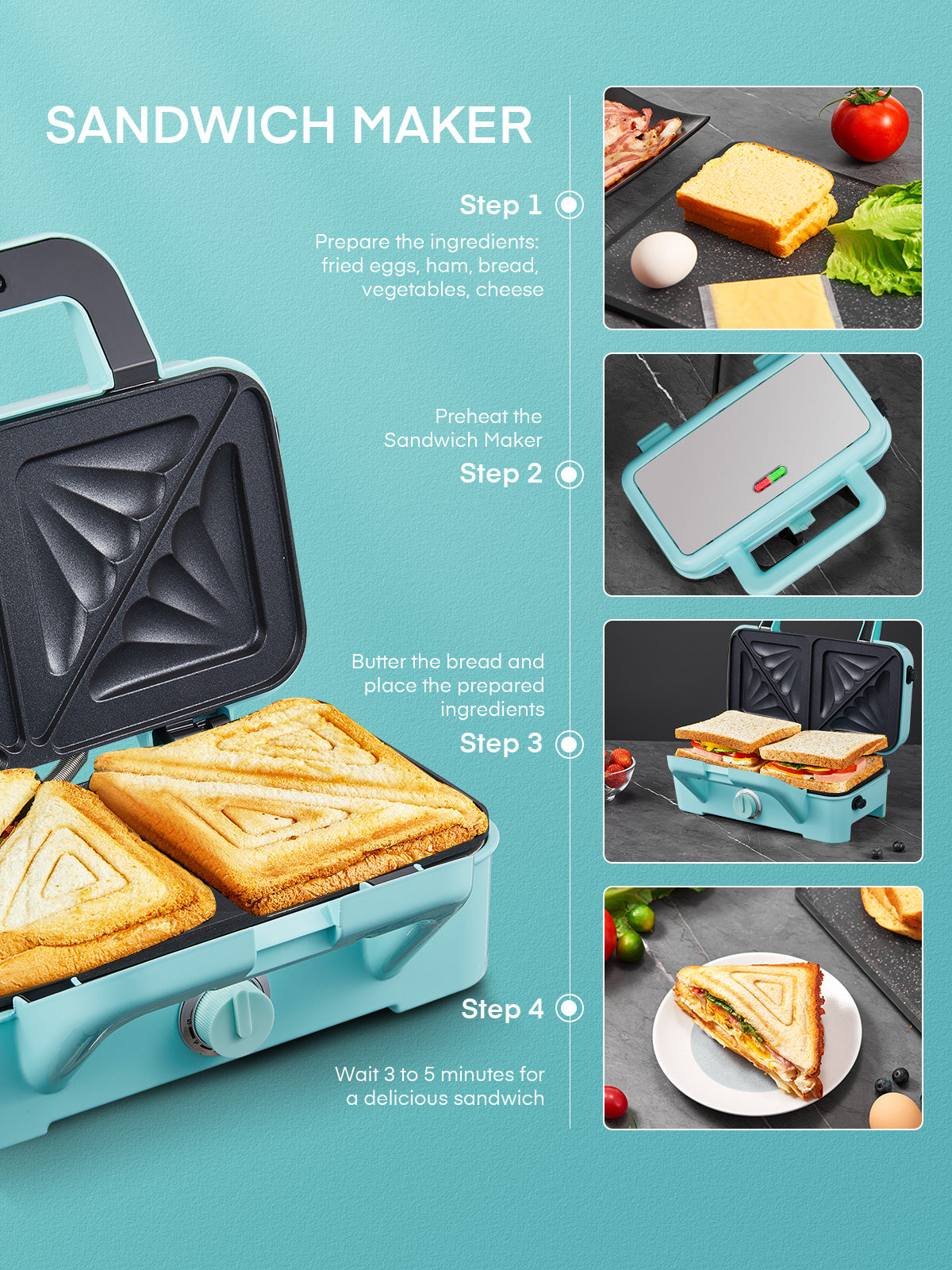 Waffle Maker 3 in 1 Sandwich Maker 1200W Panini Press With Removable Plates and 5-gear Temperature Control