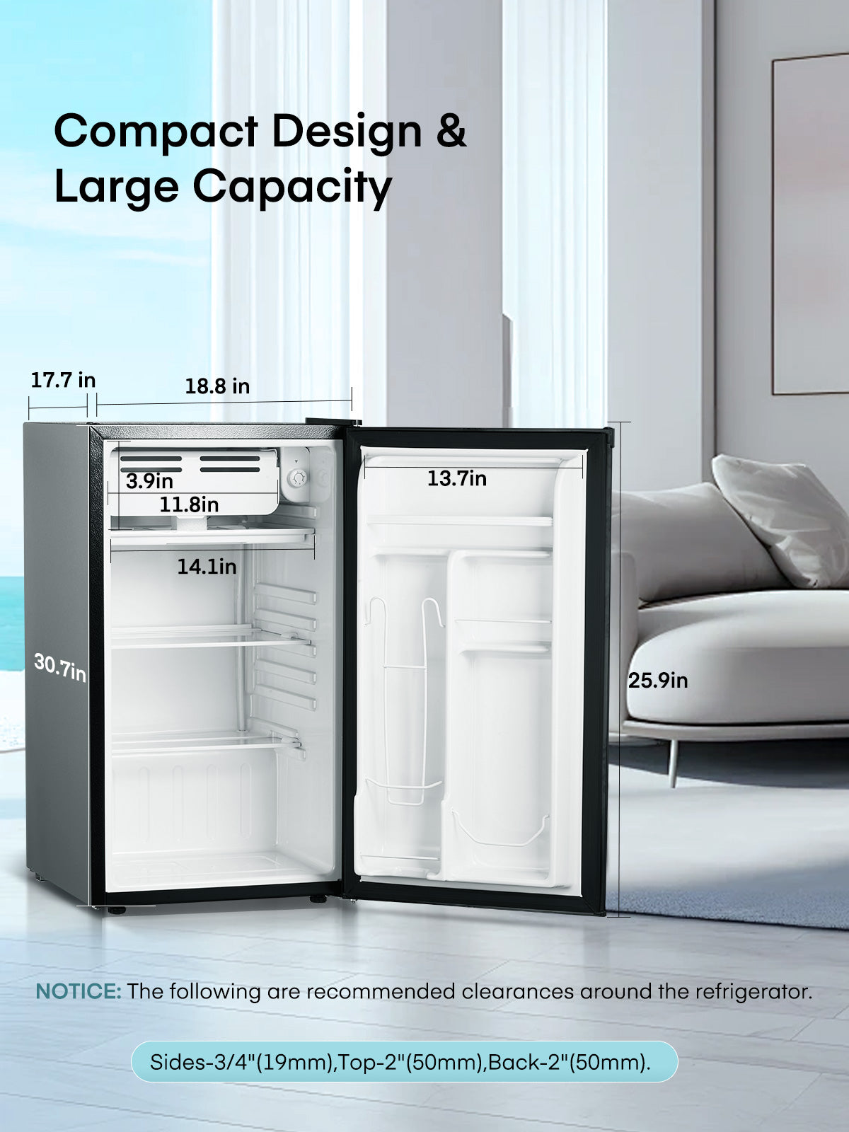 3.2 Cu.ft Mini Fridge with Freezer, Small Compact Fridge for Bedroom , Stainless Steel