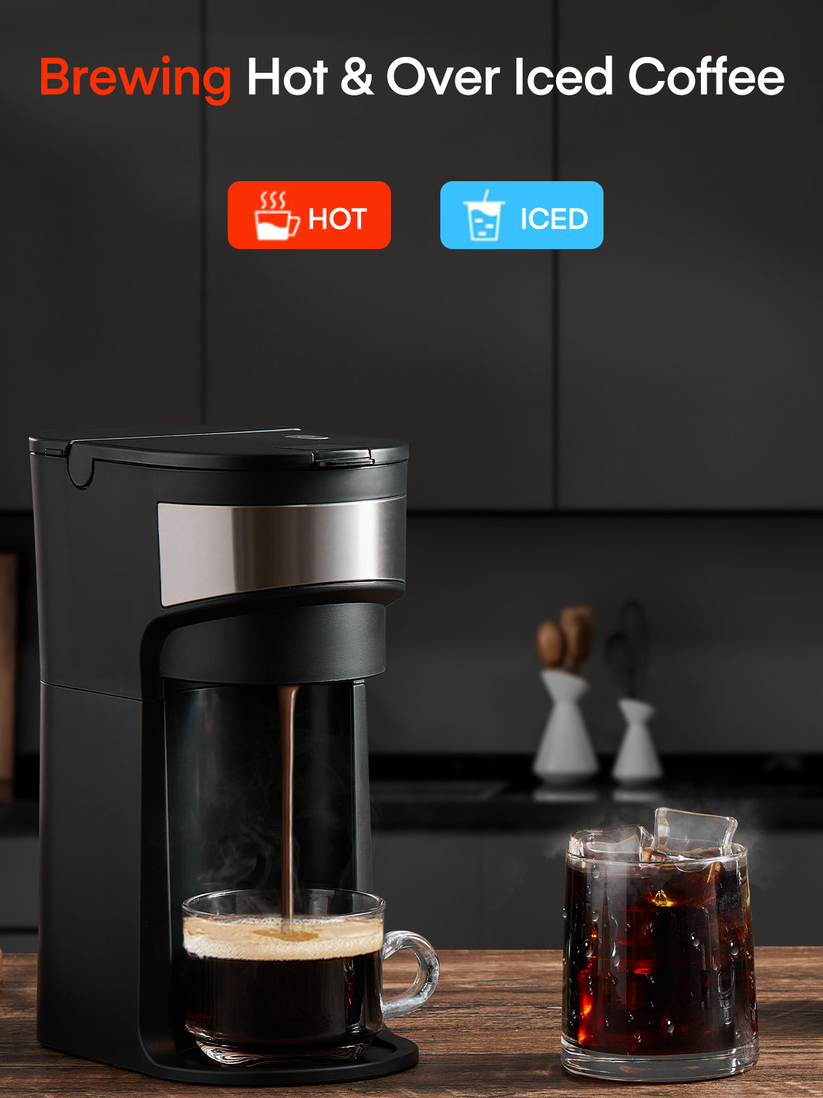 Coffee Maker, Single Serve Iced and Hot Coffee Brewer Compatible with K Pod, 1000w, 4 Brewing Sizes
