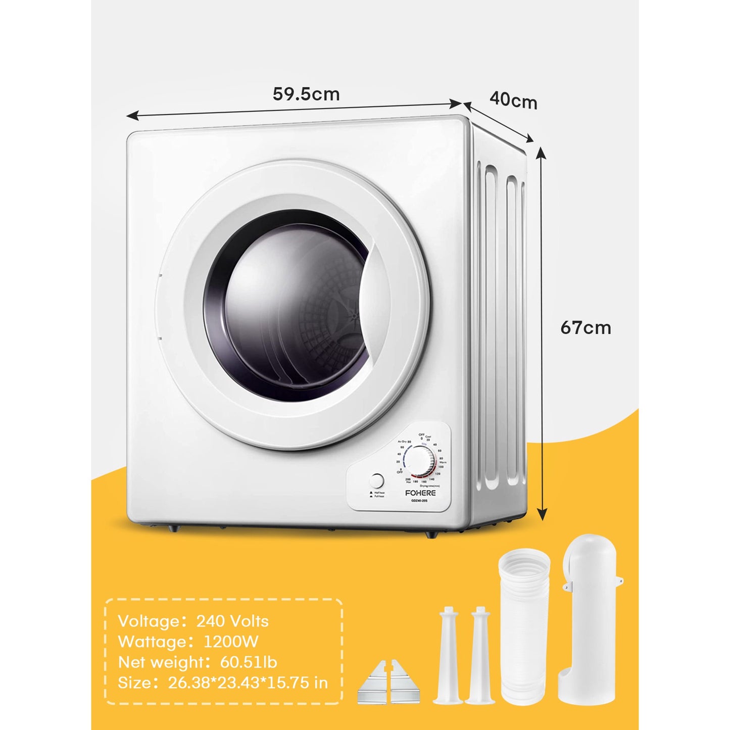 FOHERE 2.9 cu. ft Compact Electric Dryer with 5 Control Modes, for Apartments, RVs, Dorms, White