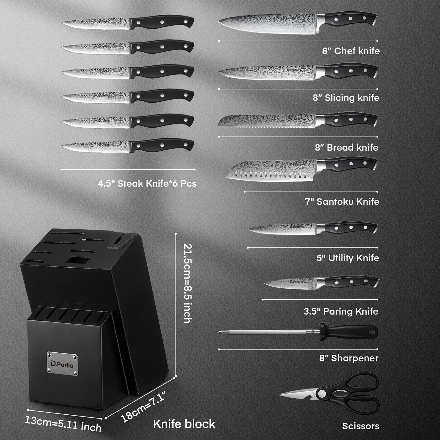 Knife Set, 14 Pieces Kitchen Knife Set with Built-in Sharpener, Stainless Steel Knives Block Set with Unique Waved Pattern, Non-slip Handle, Black