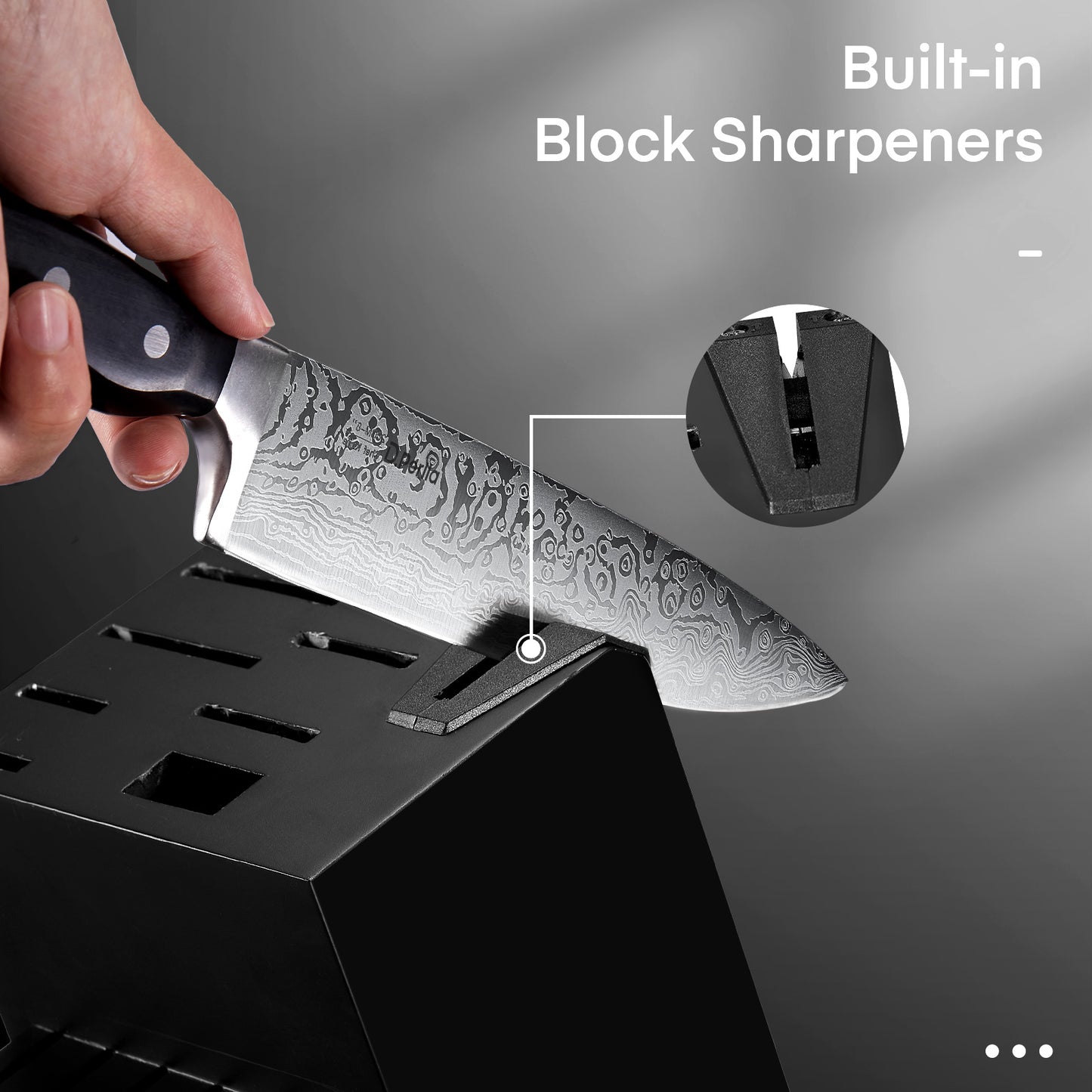 Knife Set, 14 Pieces Kitchen Knife Set with Built-in Sharpener, Stainless Steel Knives Block Set with Unique Waved Pattern, Non-slip Handle, Black