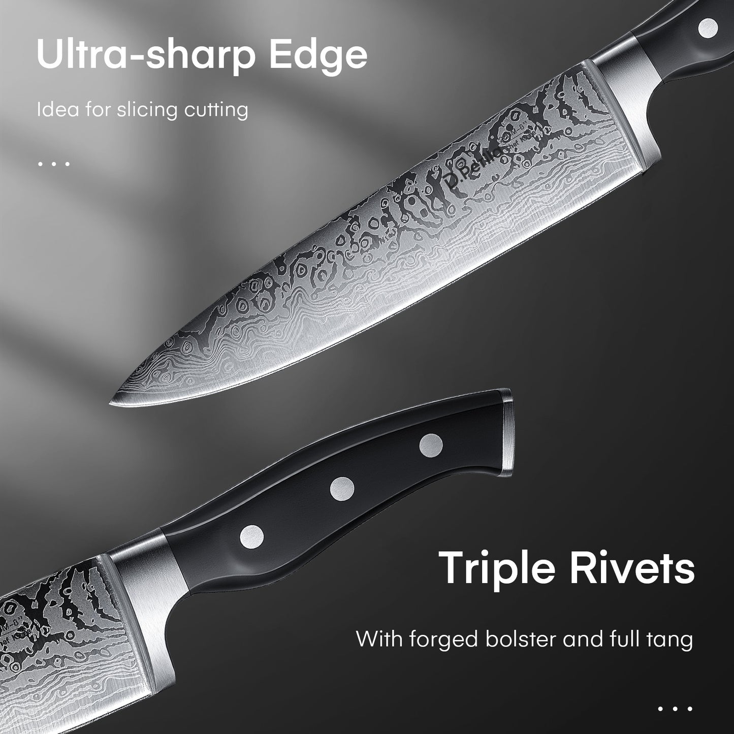 Knife Set, 14 Pieces Kitchen Knife Set with Built-in Sharpener, Stainless Steel Knives Block Set with Unique Waved Pattern, Non-slip Handle, Black