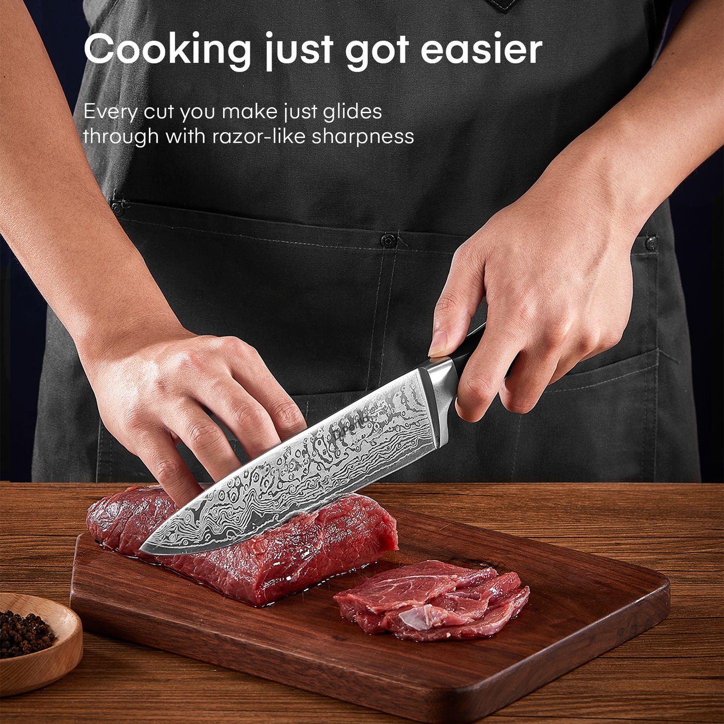 Knife Set, 14 Pieces Kitchen Knife Set with Built-in Sharpener, Stainless Steel Knives Block Set with Unique Waved Pattern, Non-slip Handle, Black