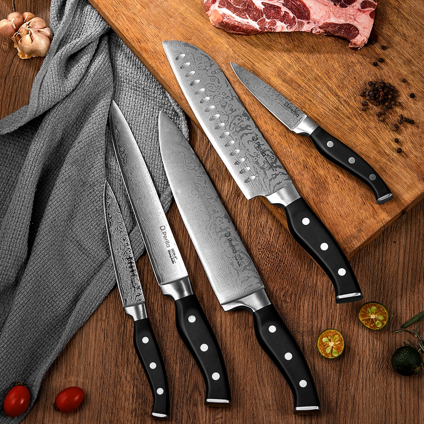 Knife Set, 14 Pieces Kitchen Knife Set with Built-in Sharpener, Stainless Steel Knives Block Set with Unique Waved Pattern, Non-slip Handle, Black