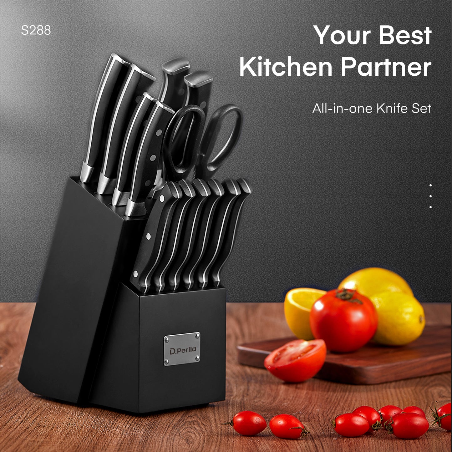 Knife Set, 14 Pieces Kitchen Knife Set with Built-in Sharpener, Stainless Steel Knives Block Set with Unique Waved Pattern, Non-slip Handle, Black