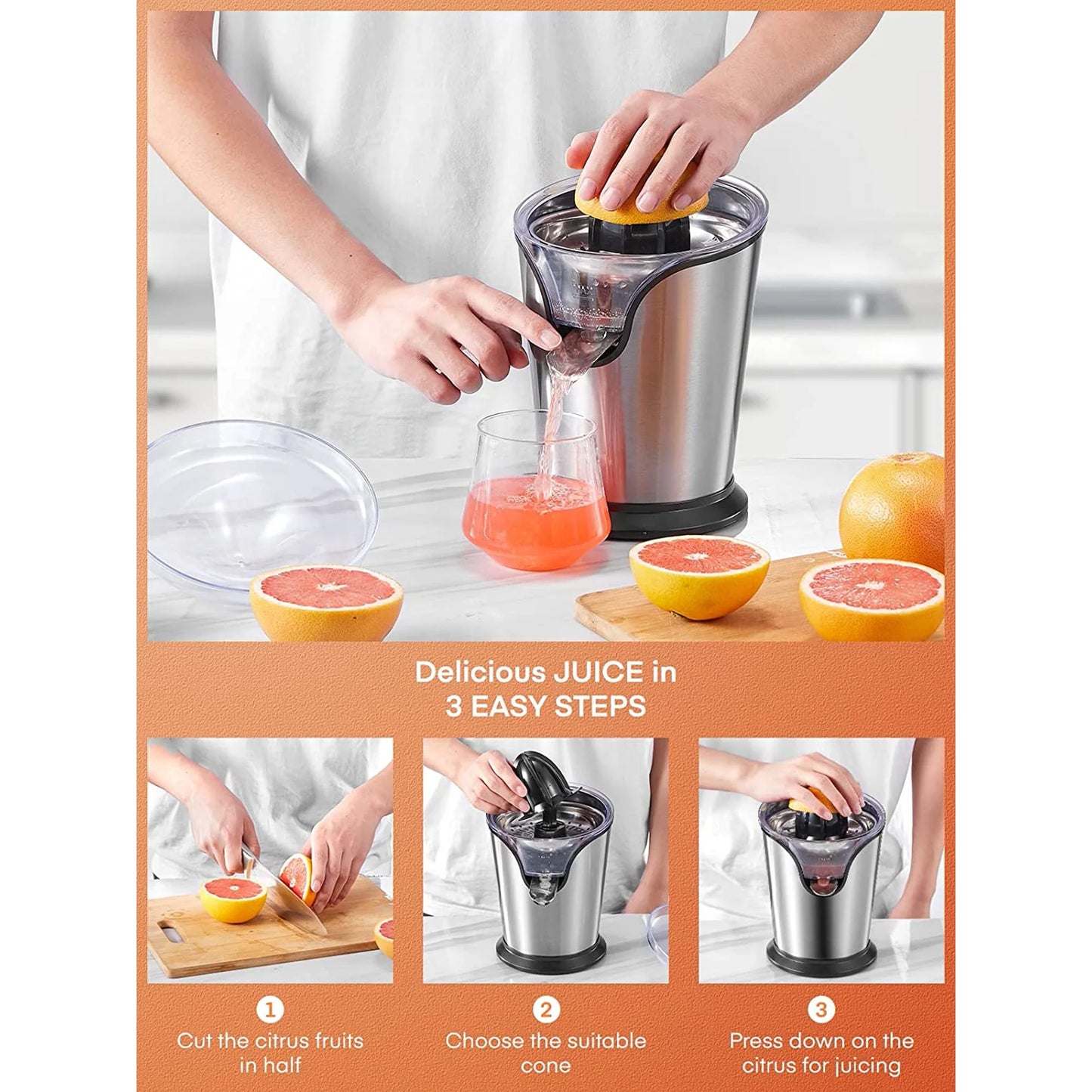 FOHERE Electric Citrus Juicer, Orange Juicer Machine with 2 Size Cones, Stainless Steel Citrus Press Juicer for Orange Lemon