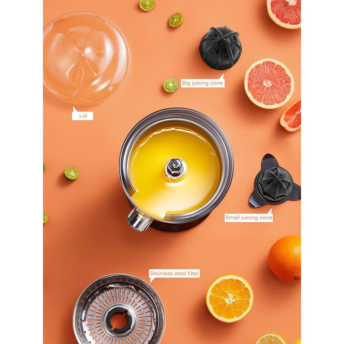 FOHERE Electric Citrus Juicer, Orange Juicer Machine with 2 Size Cones, Stainless Steel Citrus Press Juicer for Orange Lemon