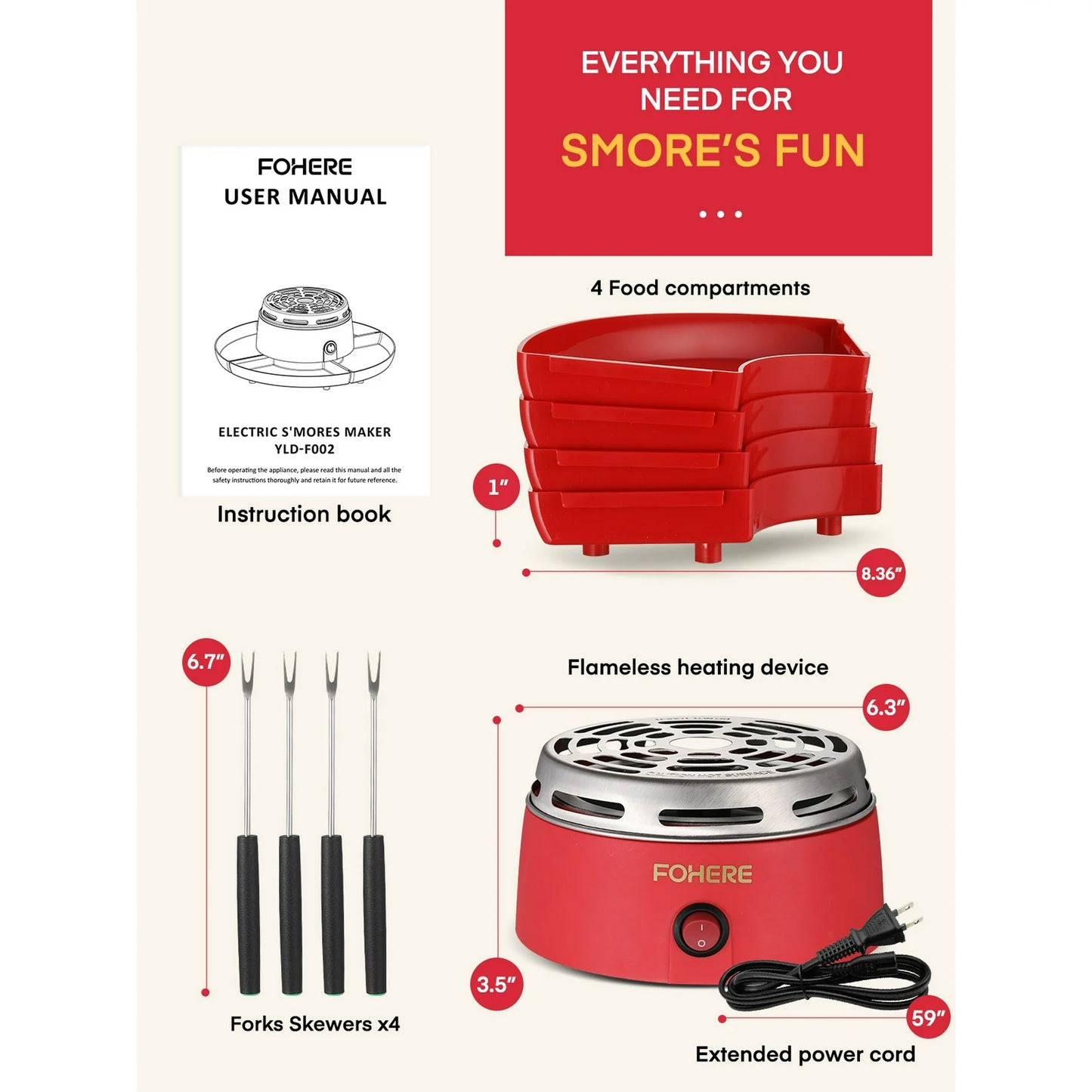 Smores Maker Tabletop Indoor with 4 Detachable Trays & 4 Roasting Forks, Red