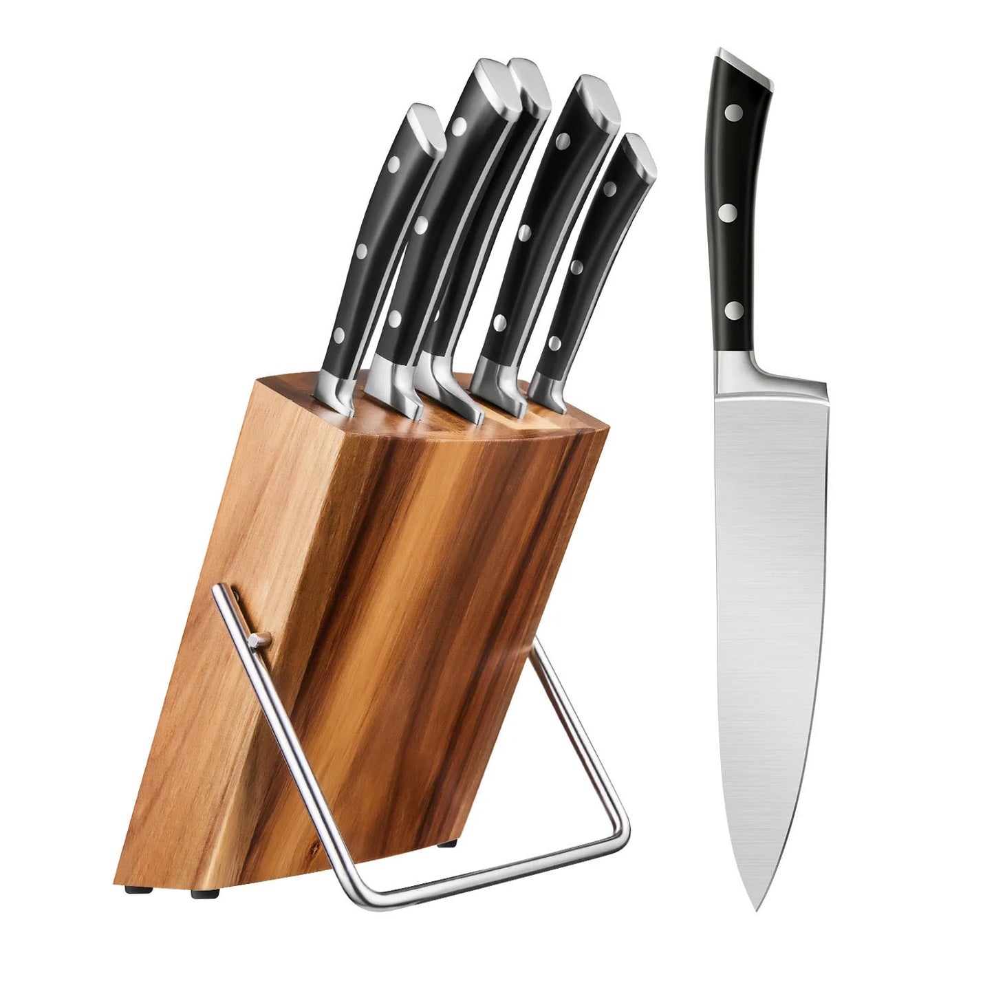 Knife Set, 6 Piece German Stainless Steel Kitchen Knife Block Set, Cutlery Set with Wooden Block