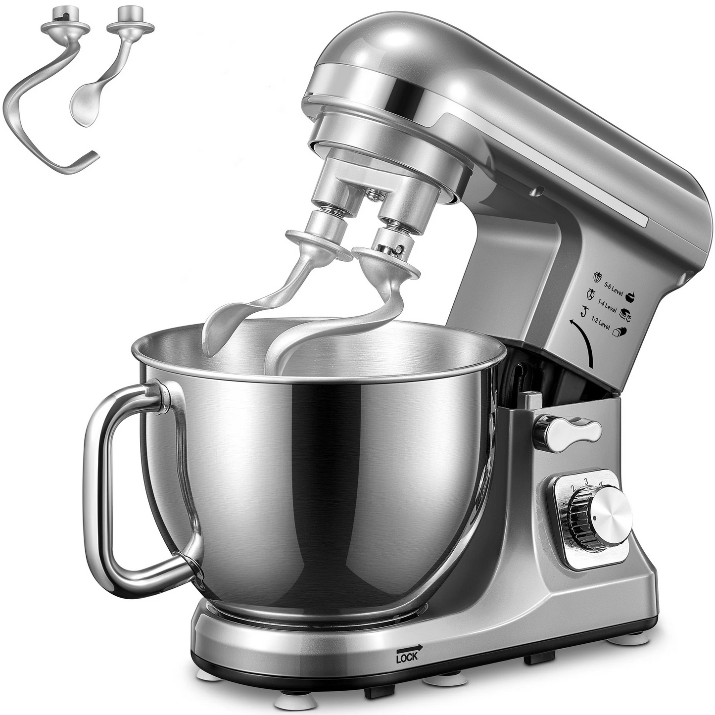 Fohere 5.5 Quart Tilt-Head Stand Mixer with Double Dough Hook Silver