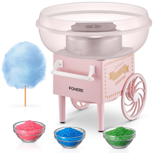 FOHERE Cotton Candy Machine, Cotton Candy Maker for Kids with Candy Spoon and 10 Candy Sticks, Pink
