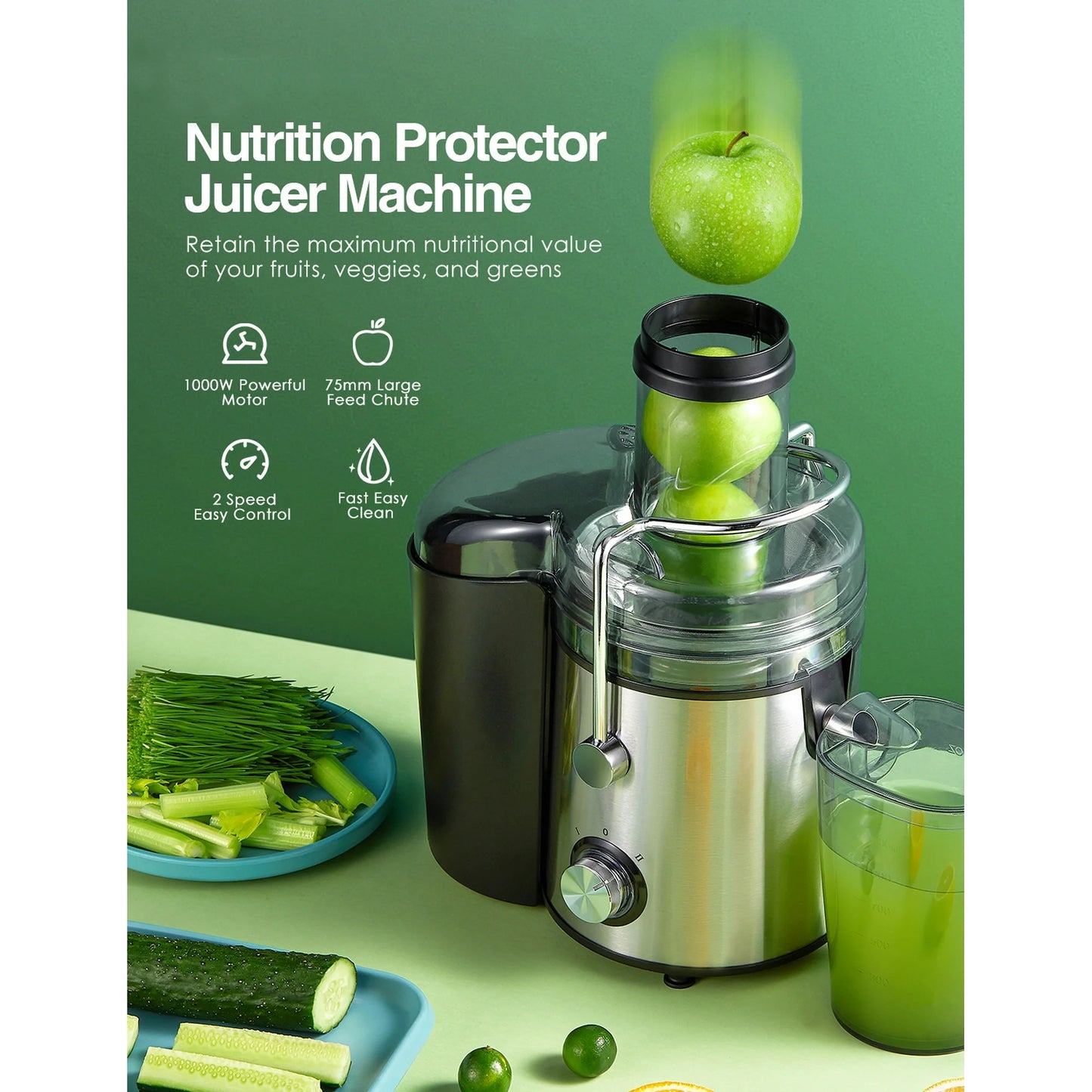 Juicer, 1000W Juicer Machine, 75MM Wide Mouth, FOHERE Dual Speed Mode, Stainless Steel, Easy Clean, Silver