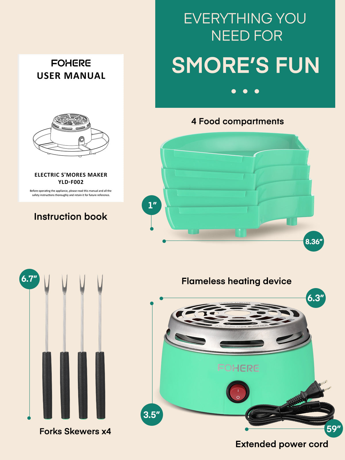 Smores Maker Tabletop Indoor, Flameless Electric Marshmallow Roaster with 4 Detachable Trays & 4 Roasting Forks