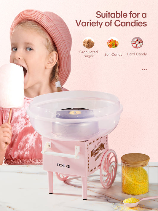 FOHERE Cotton Candy Machine, Cotton Candy Maker for Kids with Candy Spoon and 10 Candy Sticks, Pink
