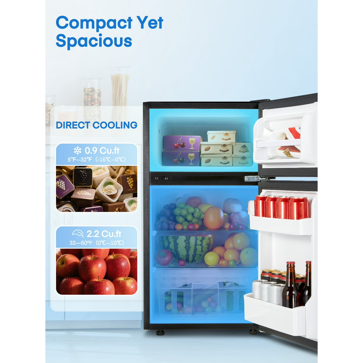 FOHERE 3.1 Cu. Ft. 2-Door Compact Mini Refrigerator with Freezer for Bedroom, Office & College Dorm
