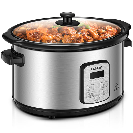 6Qt Stainless Steel Slow Cooker，Adjustable Temp&Time for Slow Cook with Digital Timer