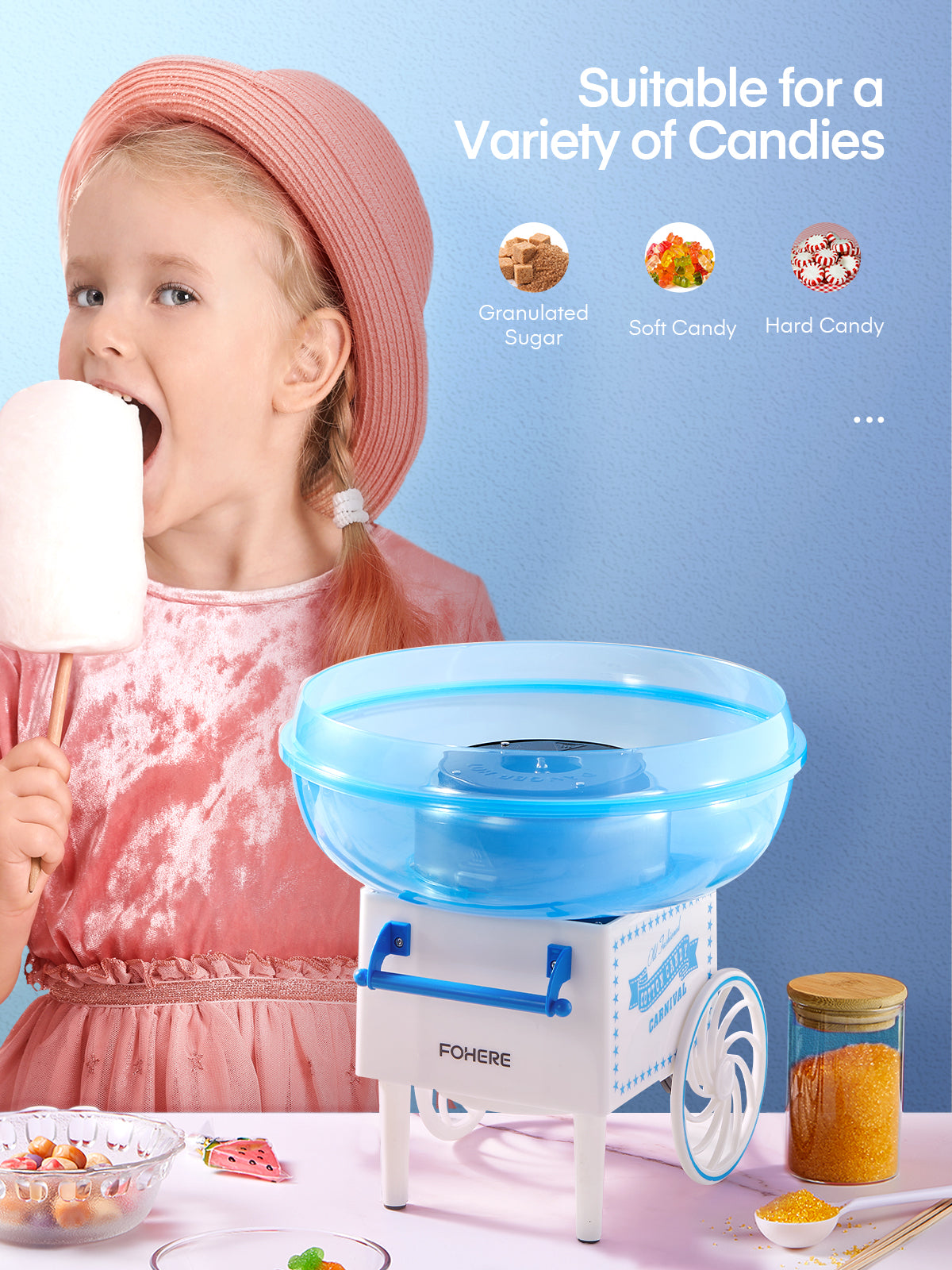 Cotton Candy Machine, Cotton Candy Maker for Kids with Candy Spoon and 10 Candy Sticks, White