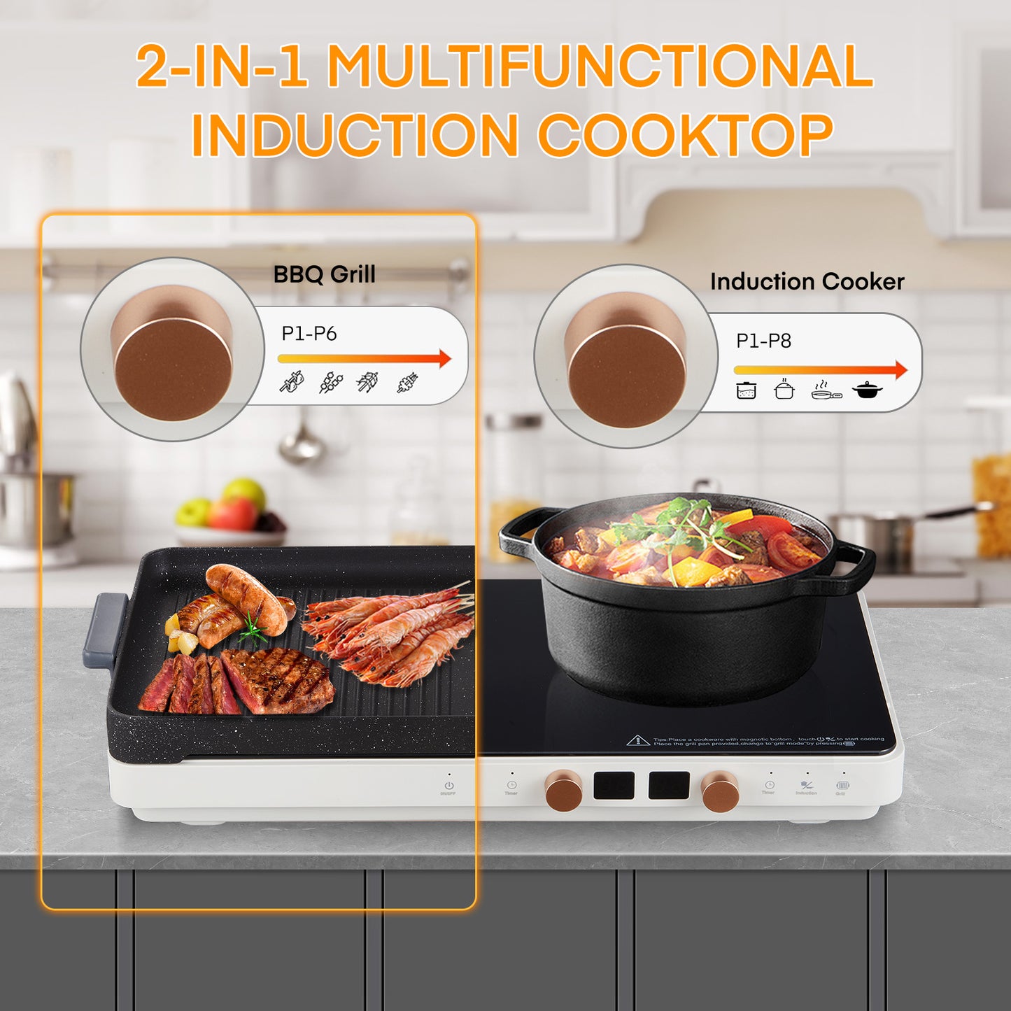 Double Induction Cooktops, Hot Plate with Removable Iron Cast Griddle Pan Non-stick