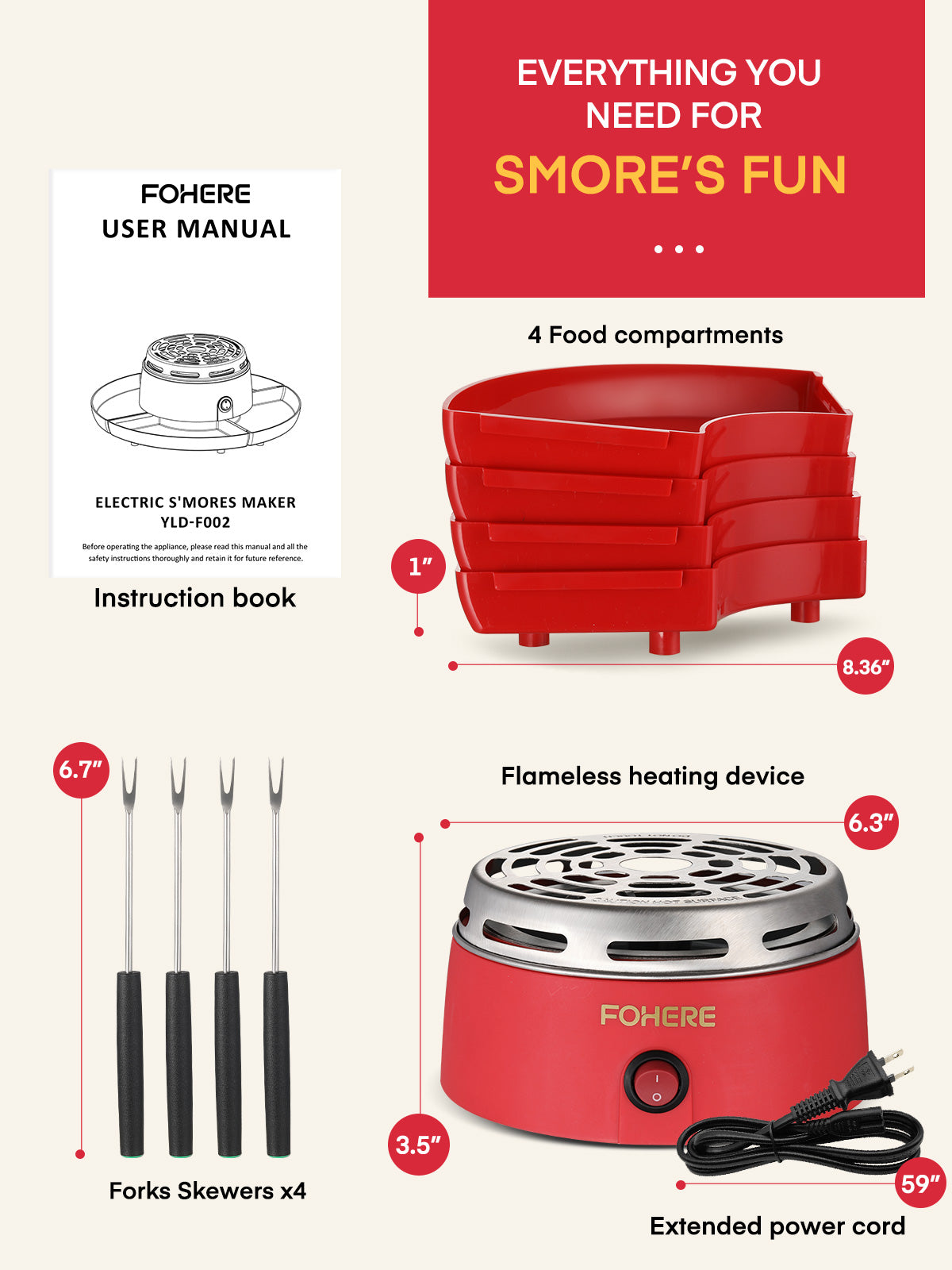 Smores Maker Tabletop Indoor with 4 Detachable Trays & 4 Roasting Forks, Red