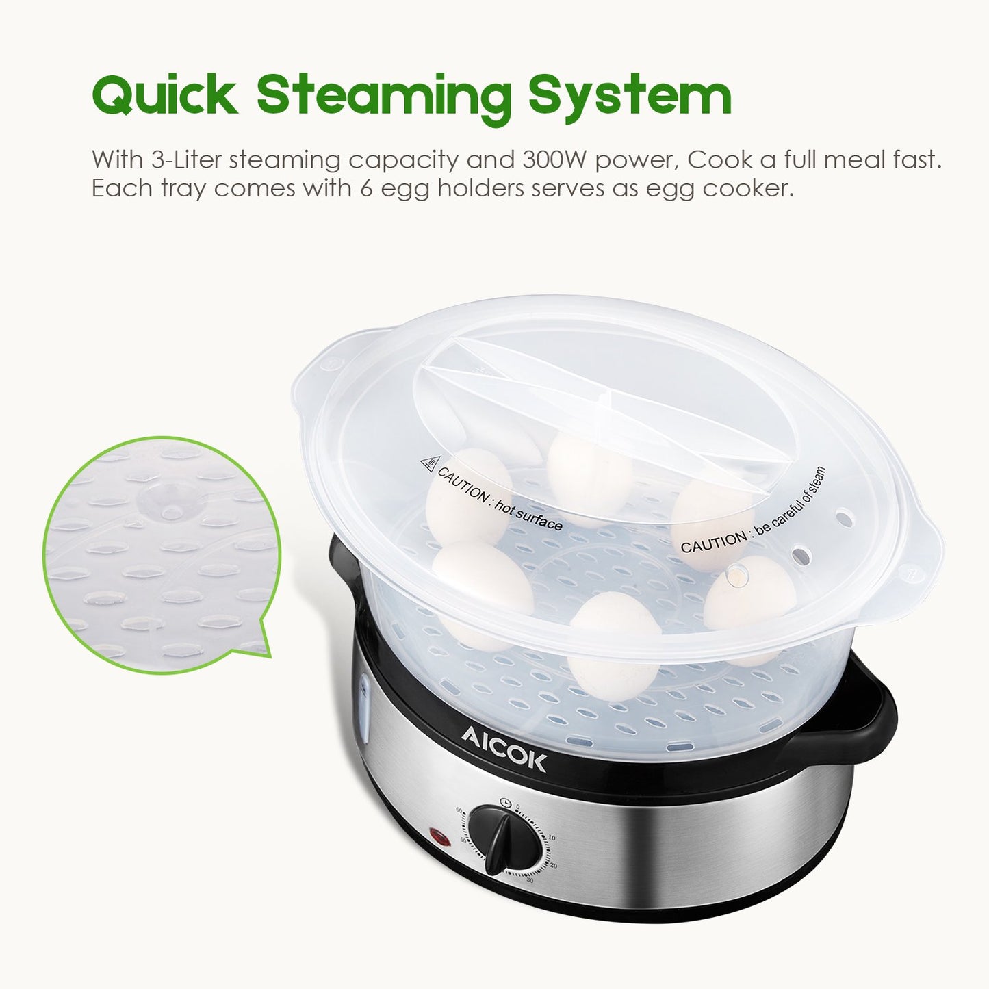 9.5 QT Electric Cooking Steamer, 3-Tier Vegetable or Meat, 800W Fast Cooking, White