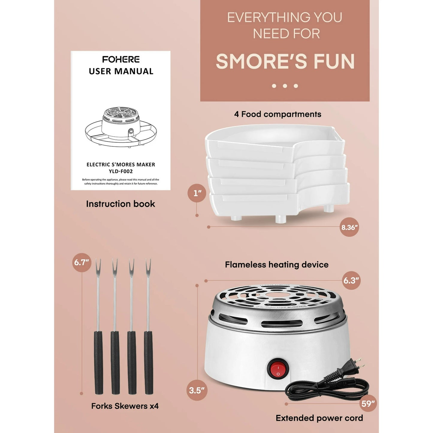 Smores Maker Tabletop Indoor with 4 Detachable Trays & 4 Roasting Forks, White