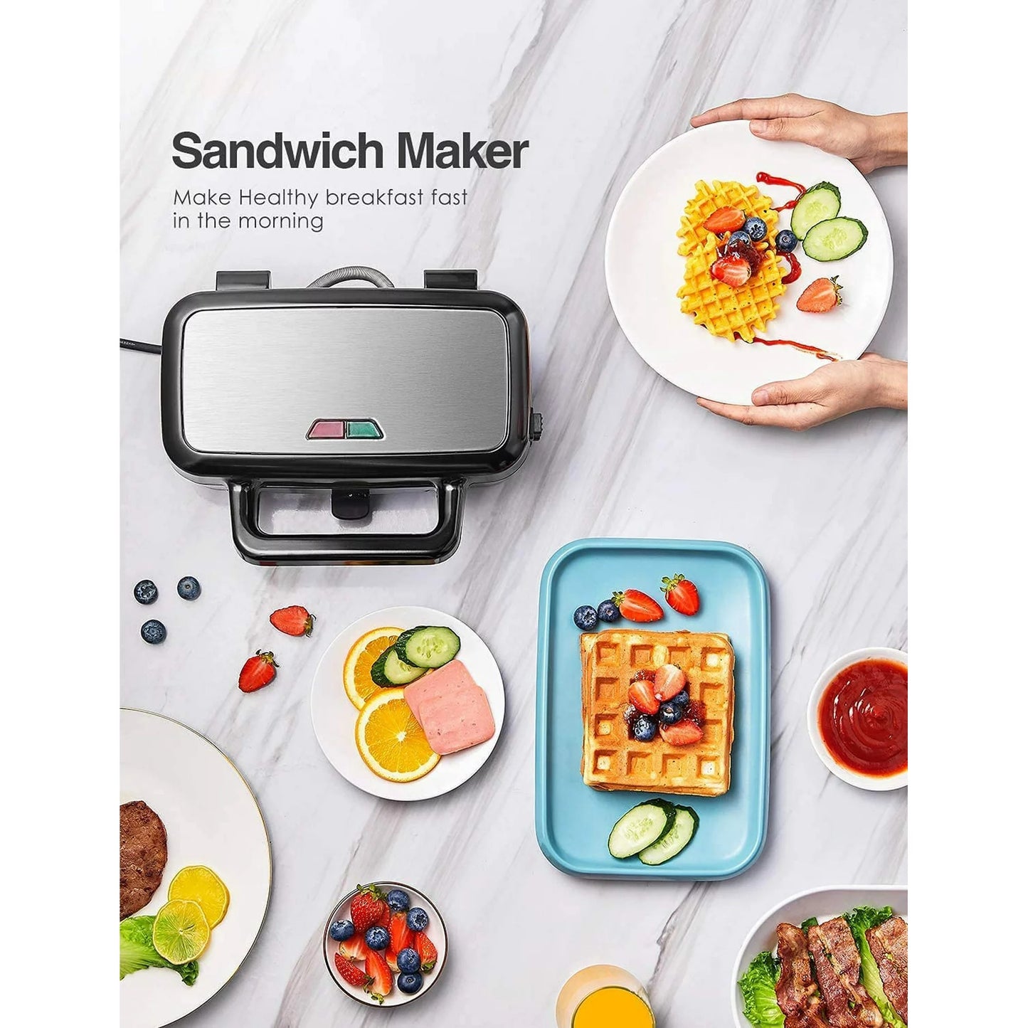 3-in-1 Sandwich Maker with Removable Plates, Waffle Maker and Panini Press Grill, 1200W, Black