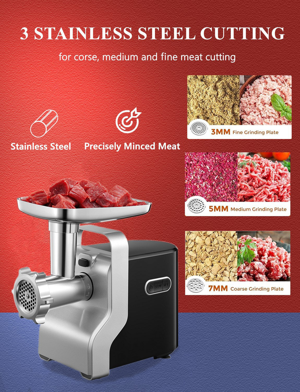 5 in 1 Meat Grinder with 3 Stainless Steel Grinding Plates