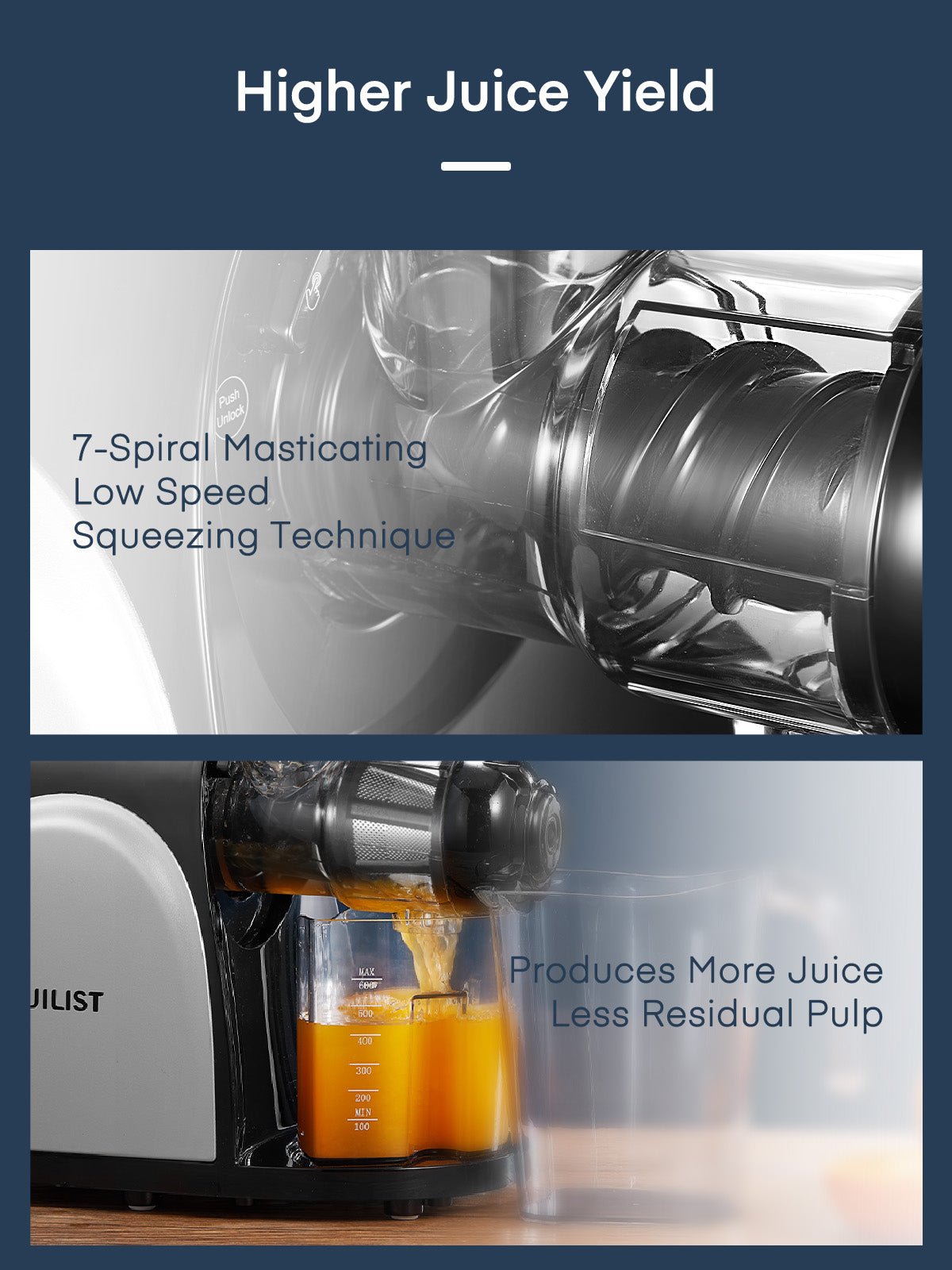 Cold Press Juicer High Juice Yield＆Easy Clean, Slow Juicer with Reverse Function＆Quiet Motor