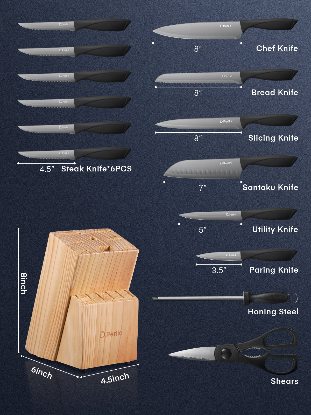 Knife Set with Block, 15 Pieces Stainless Steel Kitchen Knife Set with BO Oxidation Technology, No Rust, Sharp Knife Block Set